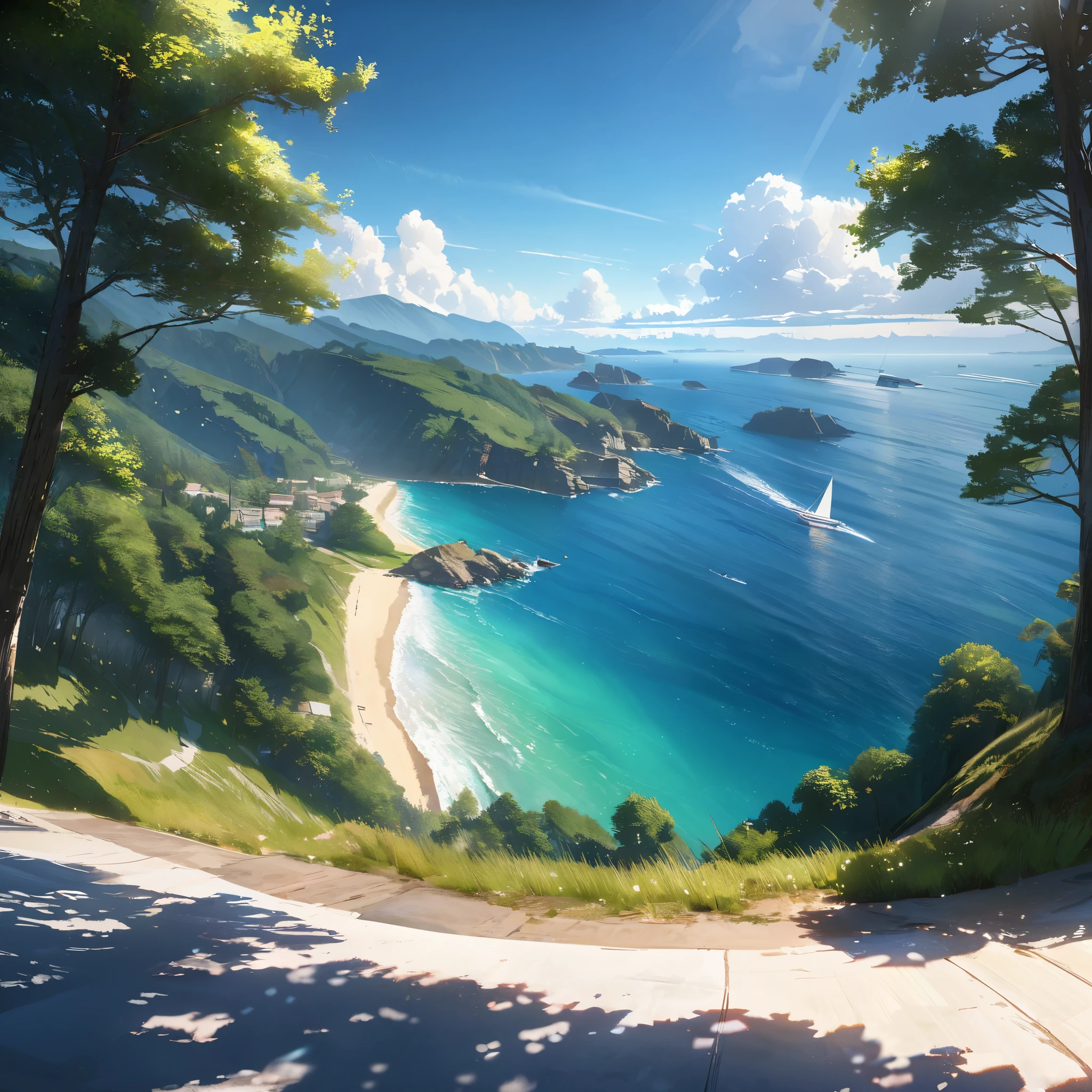 A serene coastline with yachts and ships sailing on the glistening sea, clear skies with fluffy white clouds, green trees lining the shore, comfortable sea breeze. Illustration, best quality, 4k, 8k, highres, masterpiece:1.2, ultra-detailed, realistic:1.37, HDR, UHD, studio lighting, ultra-fine painting, sharp focus, physically-based rendering, extreme detail description, professional, vivid colors, bokeh, portraits, landscape, photography. Blue hues dominating the color palette, natural lighting enhancing the scene.