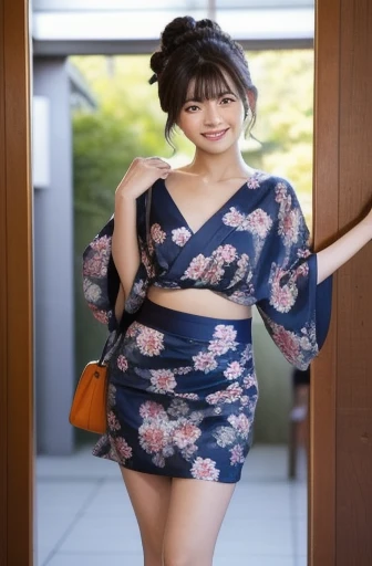 Show your collarbone、Show off your thighs（Panties arranged in the style of a floral yukata）Height: 150cm、 Real Women 2:3、20-year-old、indoor、evening、Please look here、smile、Angle from the front、office、Slim figure、Two women、There are people around、crowd、Being seen by people around you、Bun Hair、Short Hair、