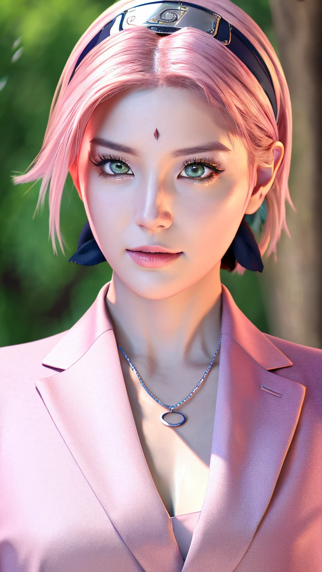 1 girl, 最high quality, masterpiece, High resolution, Pink short ponytail,Green Eyes、((Office casual suit))、(((whole body)))、Big Breasts、Cleavage, necklace(Naruto&#39;s forehead protector around his neck),hair band、 jewelry, Beautiful Face,、I&#39;looking forward to it, (((whole bodyビュー))), Realistic, Outdoor, modern square, Two-tone lighting, (Skin with attention to detail: 1.2), 8k Ultra HD, Digital SLR, Soft Light, high quality, Volumetric Light, Frank, photograph, High resolution, 4K, 8k, Background Blur