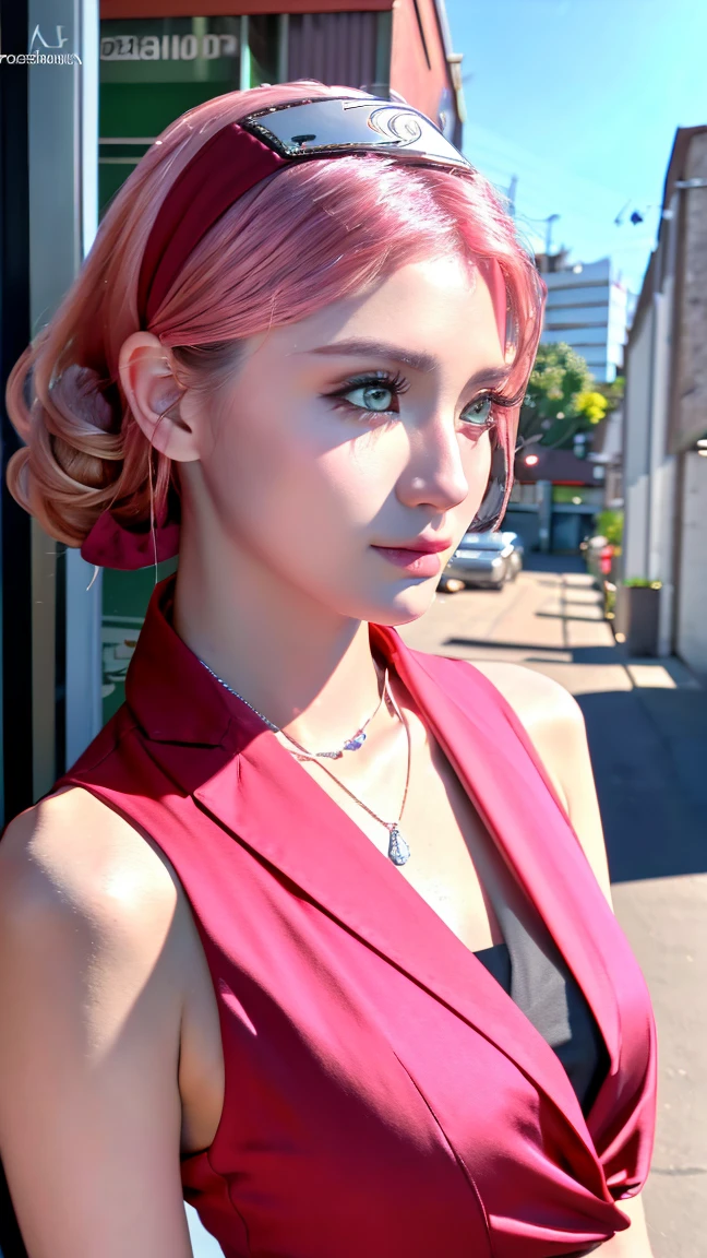 1 girl, 最high quality, masterpiece, High resolution, Pink short ponytail,Green Eyes、((Office casual suit))、(((whole body)))、Big Breasts、Cleavage, necklace(Naruto's forehead protector around his neck),hair band、 jewelry, Beautiful Face,、I'looking forward to it, (((whole bodyビュー))), Realistic, Outdoor, modern square, Two-tone lighting, (Skin with attention to detail: 1.2), 8k Ultra HD, Digital SLR, Soft Light, high quality, Volumetric Light, Frank, photograph, High resolution, 4K, 8k, Background Blur
