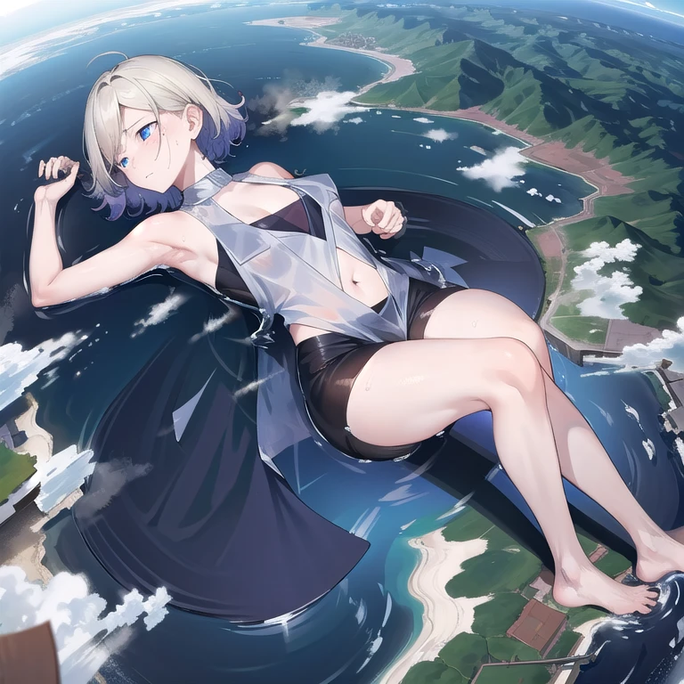 giantess, Only one girl, Lying down, ((A girl bigger than a continent)), (((character Sleeping girl on a island top next to a continent))), ((Super huge high school girl bigger than a continent)), Pleasure, Cleavage, huge craters, blue eyes, navel, Long legs, crash city, tiny city, micro city, ((Sweat)), (((Falling sweat))), giga giantess, Woman crushing a building, Steam from the body, ravines, cracks in the ground, earthquak, blue sky, corolado_kantaicorection, Smoke from under the girl, Dust, underarm, Navel, Underarm is visible, Slender women, Panorama, first-person view, best quality, masterpiece, highres,Adult face,Grown face,Mature Woman,