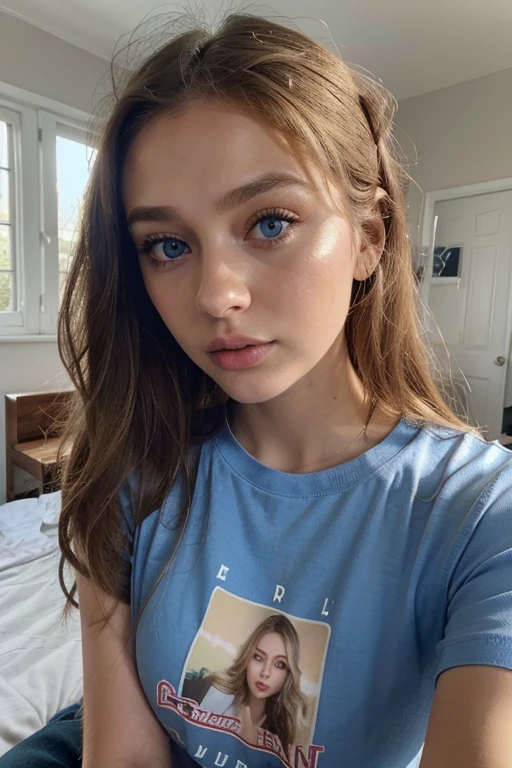 woman with t shirt, girl with blue eyes, portrait sophie mudd, portrait corinna kopf, blonde hair and large eyes, Selfie einer jungen Frau, Augen im Schlafzimmer, Violet Myers, ohne Make-up, Natural makeup, Blick direkt in die Kamera, Gesicht mit Artgram, dezentes Make-up