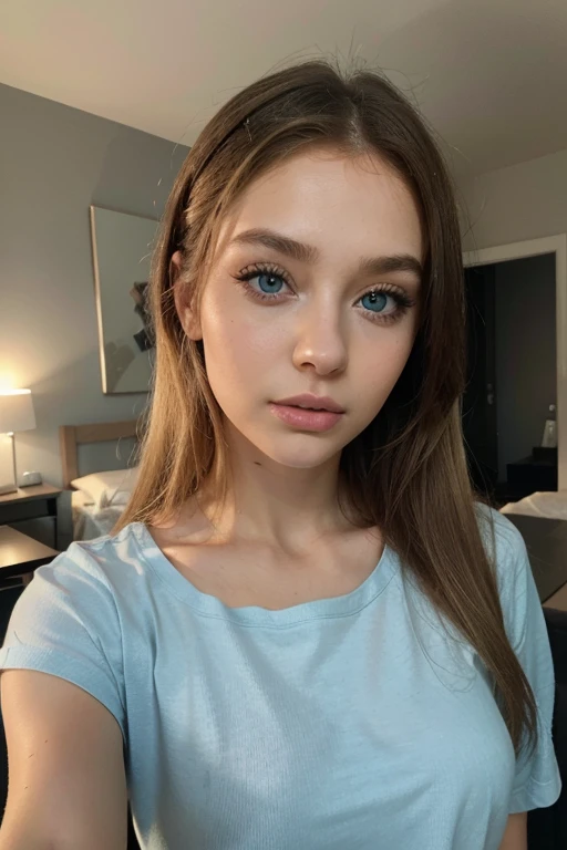 woman with t shirt, girl with blue eyes, portrait sophie mudd, portrait corinna kopf, blonde hair and large eyes, Selfie einer jungen Frau, Augen im Schlafzimmer, Violet Myers, ohne Make-up, Natural makeup, Blick direkt in die Kamera, Gesicht mit Artgram, dezentes Make-up