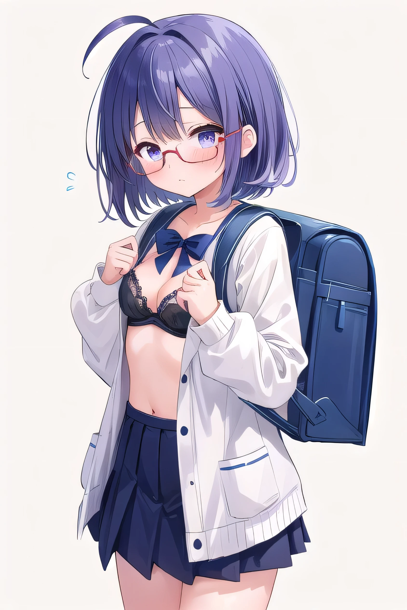 Purple hair, gray eyes, white , navy blue miniskirt, , short, short long hair, kind expression, shy, backpack, almost no breasts, slightly exposed. hair,(flipped hair ), flipped hair, long sleeves, ahoge, girl alone, flipped hair, flipped hair, flipped hair, flipped hair, glasses with no edges, embarrassed, her bra is visible