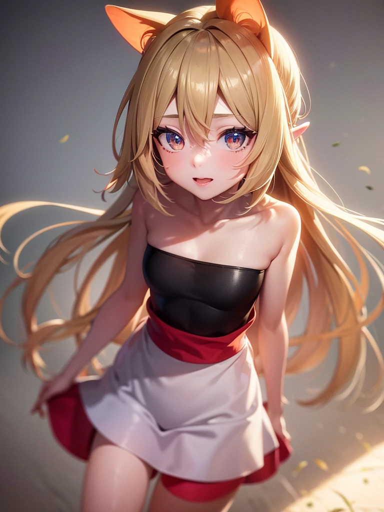white hair, streaked hair, red hair, hair ribbon, witch hat, mismatched pupils, yellow eyes, orange eyes, long pointy ears, light smile, blush, anime, drop shadow, tachi-e, from above, UHD, ccurate, textured skin, high details, highres