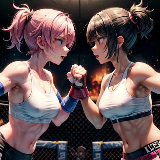Two beautiful female fighters, each slamming their fists into the other's body in the octagon, in a battle royal between two beautiful female fighters. Wounded all over. They are very sweaty. Torn and tattered tank top and spats, open finger gloves. Erect pink nipples. Short-cut black hair.