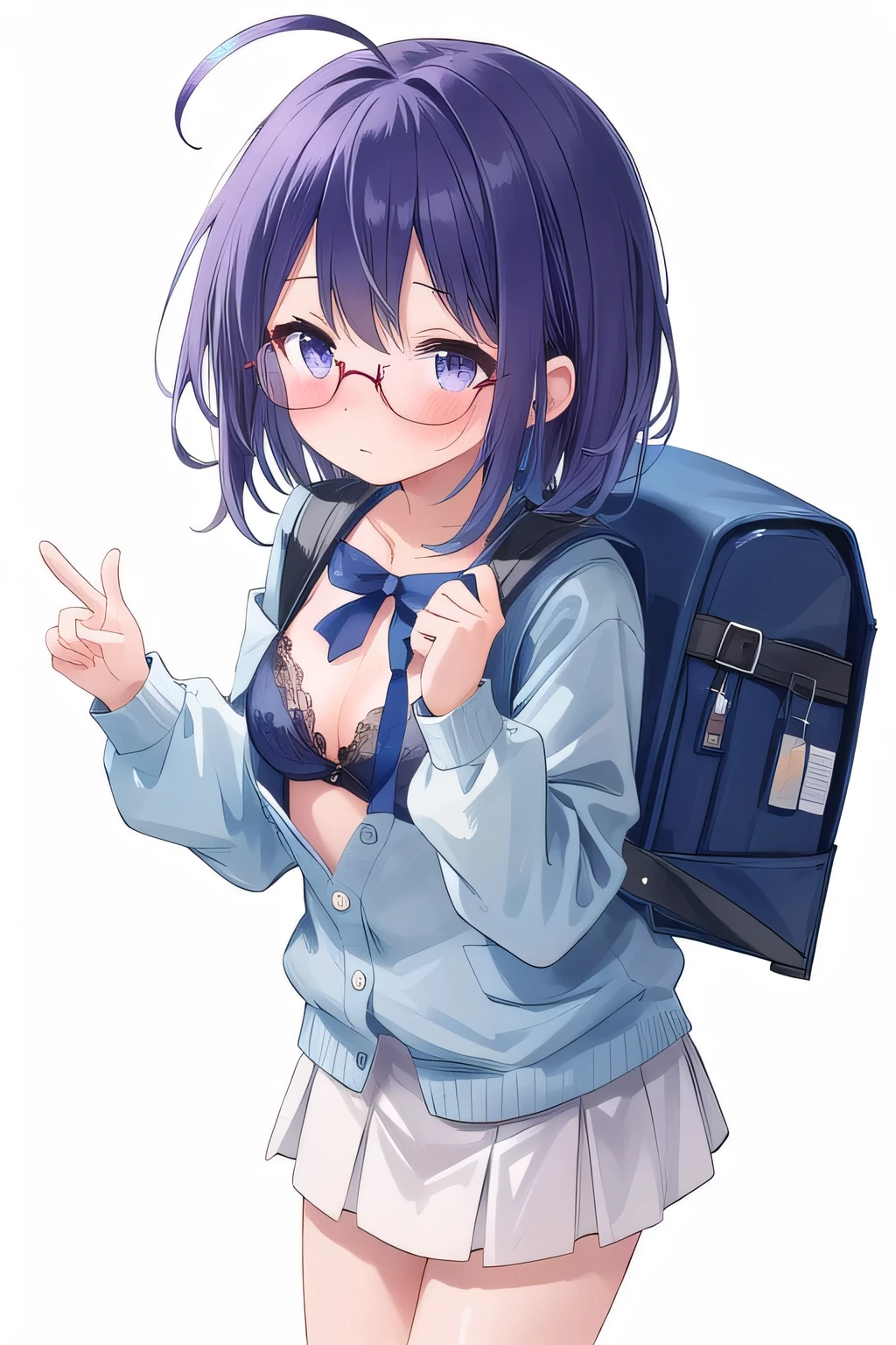 Purple hair, gray eyes, white , navy blue miniskirt, , short, short long hair, kind expression, shy, backpack, almost no breasts, slightly exposed. hair,(flipped hair ), flipped hair, long sleeves, ahoge, girl alone, flipped hair, flipped hair, flipped hair, flipped hair, glasses with no edges, embarrassed, her bra is visible