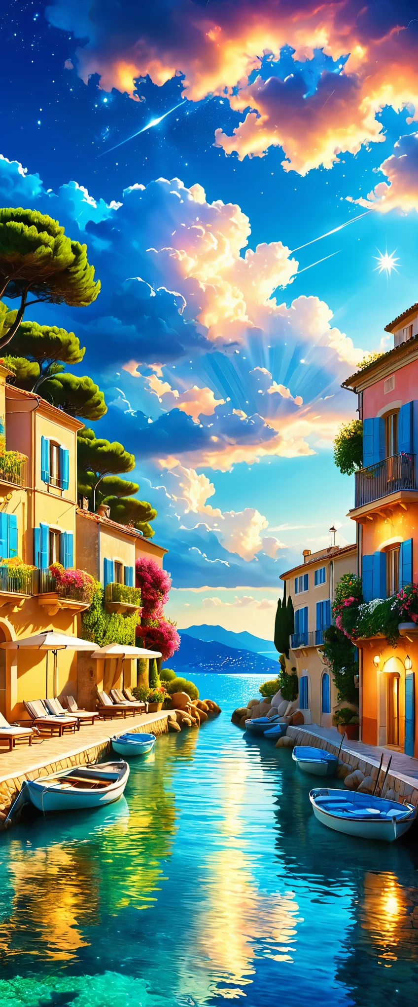 Cote d&#39;Azur:South of France:A coastline known as a scenic resort,Resort scenery,holiday,美しい風景photograph,Fantasy,Dreamy,Beautiful sea,高品質でwonderful家具:Designer furniture,A beautiful sky spreads out,dream-like,summer,cloud,Sky blue,Marine blue,wonderful景色が広がる,Luxury Resorts,Extravagant space,Soft mouth cap,Surrounded by abundant nature,Highestの時間をあなたに,Highest品質,photograph,Structurally correct,Perfect composition,広告用に撮影されたphotograph,Beautiful light and shadow,Photographed by a professional photographer,Highestのリゾート地に選ばれた,Rich colors,Cast colorful spells,detailed,wonderful,wonderful,South of France,Light effects,Glitter,reflection,night,night空,star,Highest