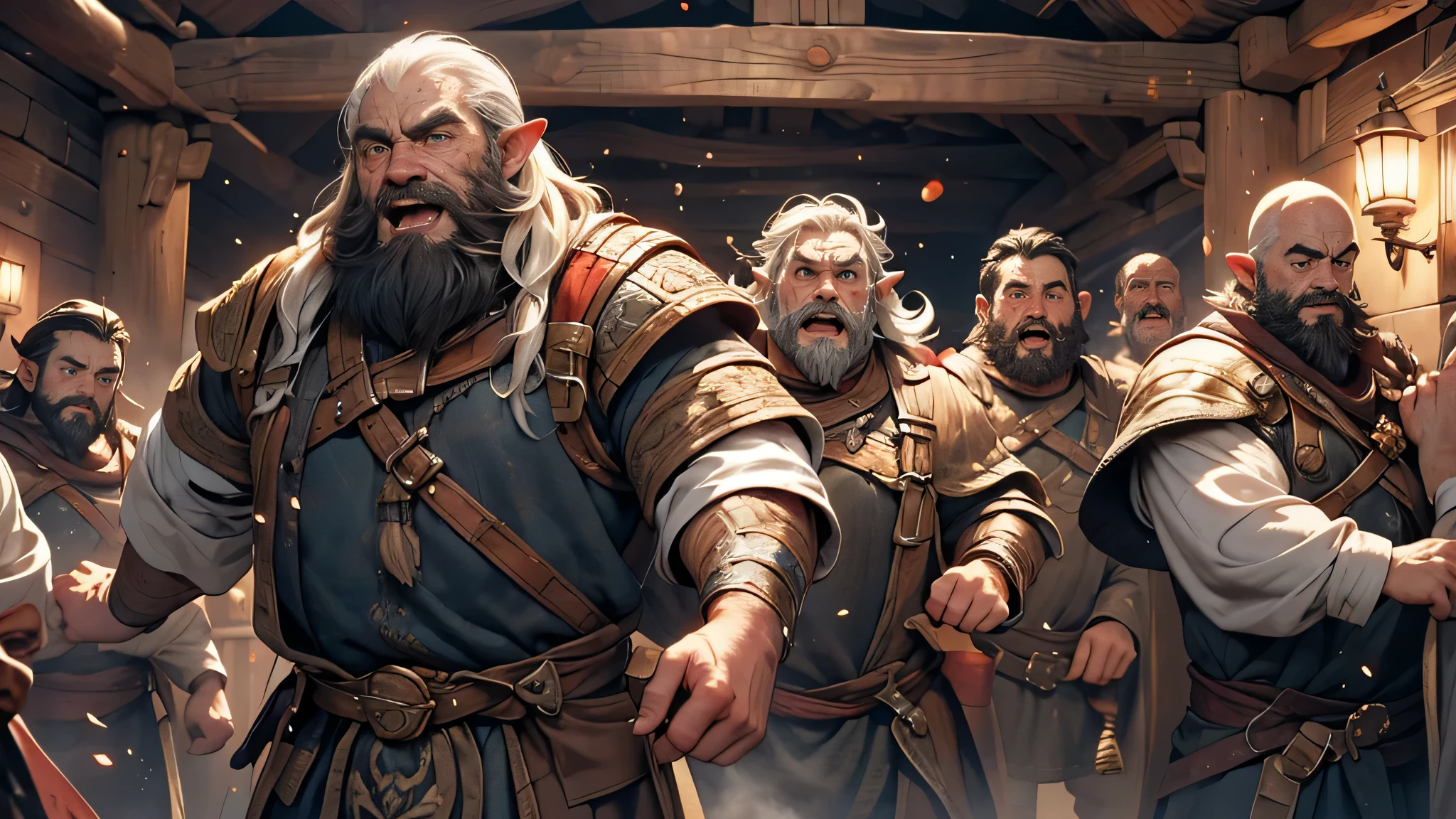 A group of Dwarves panicking, detailed depiction of their fear and panic, trembling bodies, wide-eyed expressions, sweat on their foreheads, terrified faces, rushing movements,