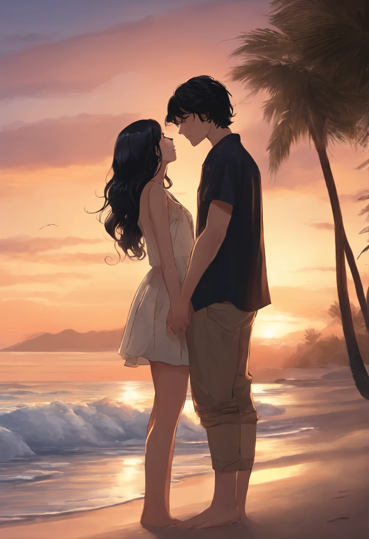 her bf and she are kissing on the beach, she has short black hair a little long wavy, tan skin, beautiful face,  girl. her bf has handsome face, look hot, white skin anime version, black hair