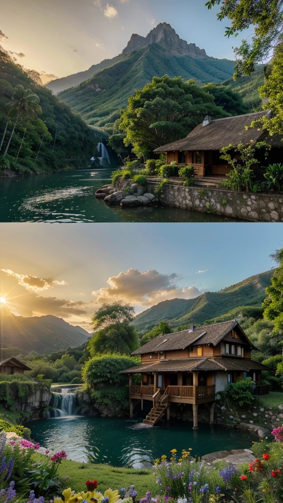 House in the jungle in front of the lake and waterfall nearby mountain with sun set and flowers 