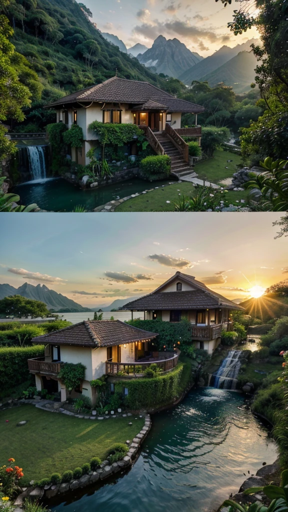 House in the jungle in front of the lake and waterfall nearby mountain with sun set and flowers