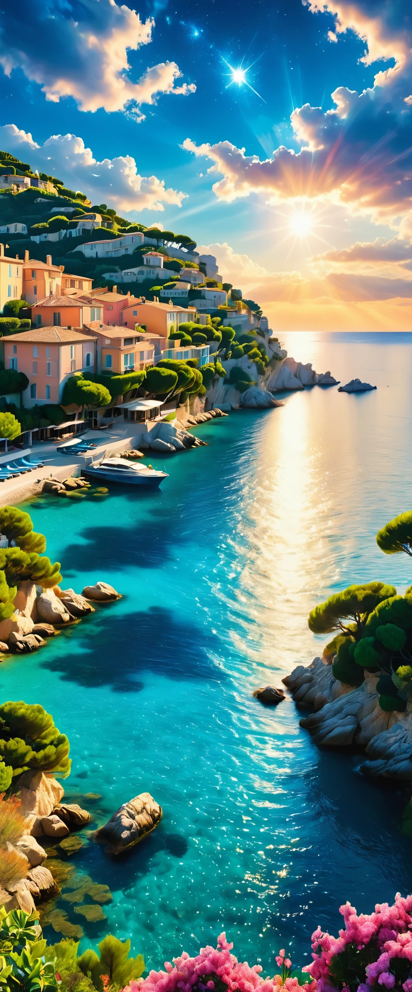 Cote d&#39;Azur:South of France:A coastline known as a scenic resort,Resort scenery,holiday,美しい風景photograph,Fantasy,Dreamy,Beautiful sea,高品質でwonderful家具:Designer furniture,A beautiful sky spreads out,dream-like,summer,cloud,Sky blue,Marine blue,wonderful景色が広がる,Luxury Resorts,Extravagant space,Soft mouth cap,Surrounded by abundant nature,Highestの時間をあなたに,Highest品質,photograph,Structurally correct,Perfect composition,広告用に撮影されたphotograph,Beautiful light and shadow,Photographed by a professional photographer,Highestのリゾート地に選ばれた,Rich colors,Cast colorful spells,detailed,wonderful,wonderful,South of France,Light effects,Glitter,reflection,night,night空,star,Highest