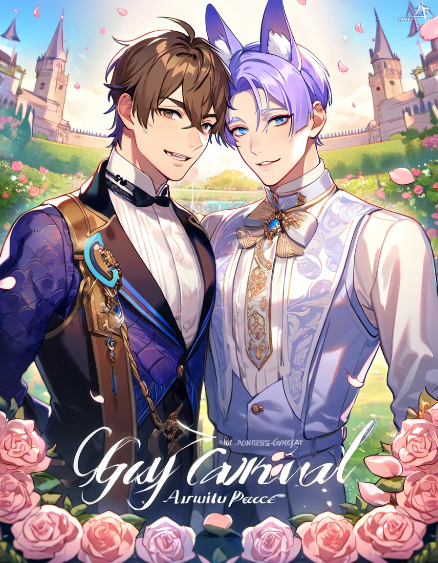 absurdres, highres, ultra detailed, HDR, master piece, best quality, perfect face, beautiful eyes, delicate features, Eiden, brown hair, expressive brown eyes, ?? Carnival, Kuya, light-purple hair, expressive blue eyes, fox ears, two men together, gay couple, handsome, fantasy clothes, castle, garden, pink roses, petals 
