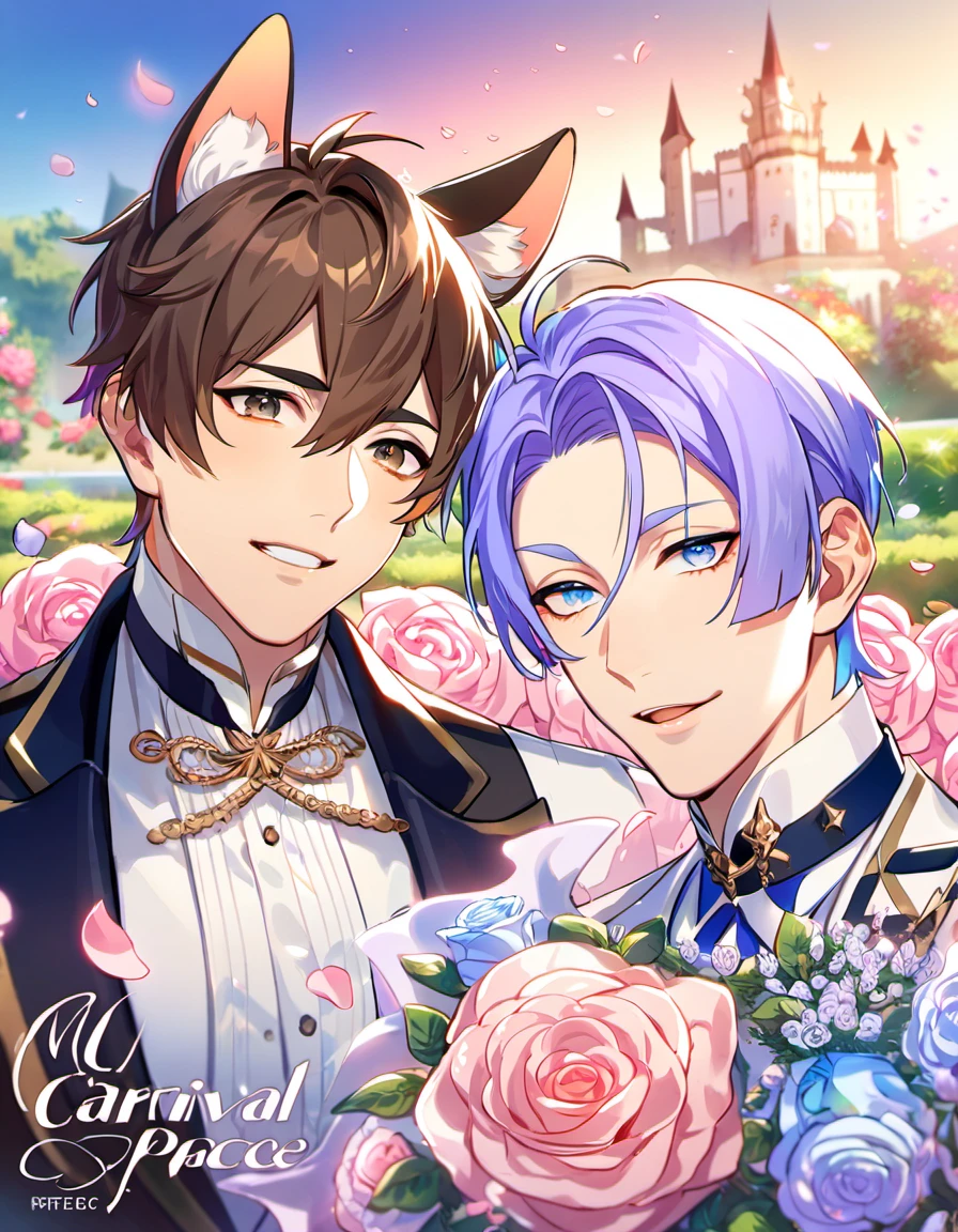 absurdres, highres, ultra detailed, HDR, master piece, best quality, perfect face, beautiful eyes, delicate features, Eiden, brown hair, expressive brown eyes, ?? Carnival, Kuya, light-purple hair, expressive blue eyes, fox ears, two men together, gay couple, handsome, fantasy clothes, castle, garden, pink roses, petals