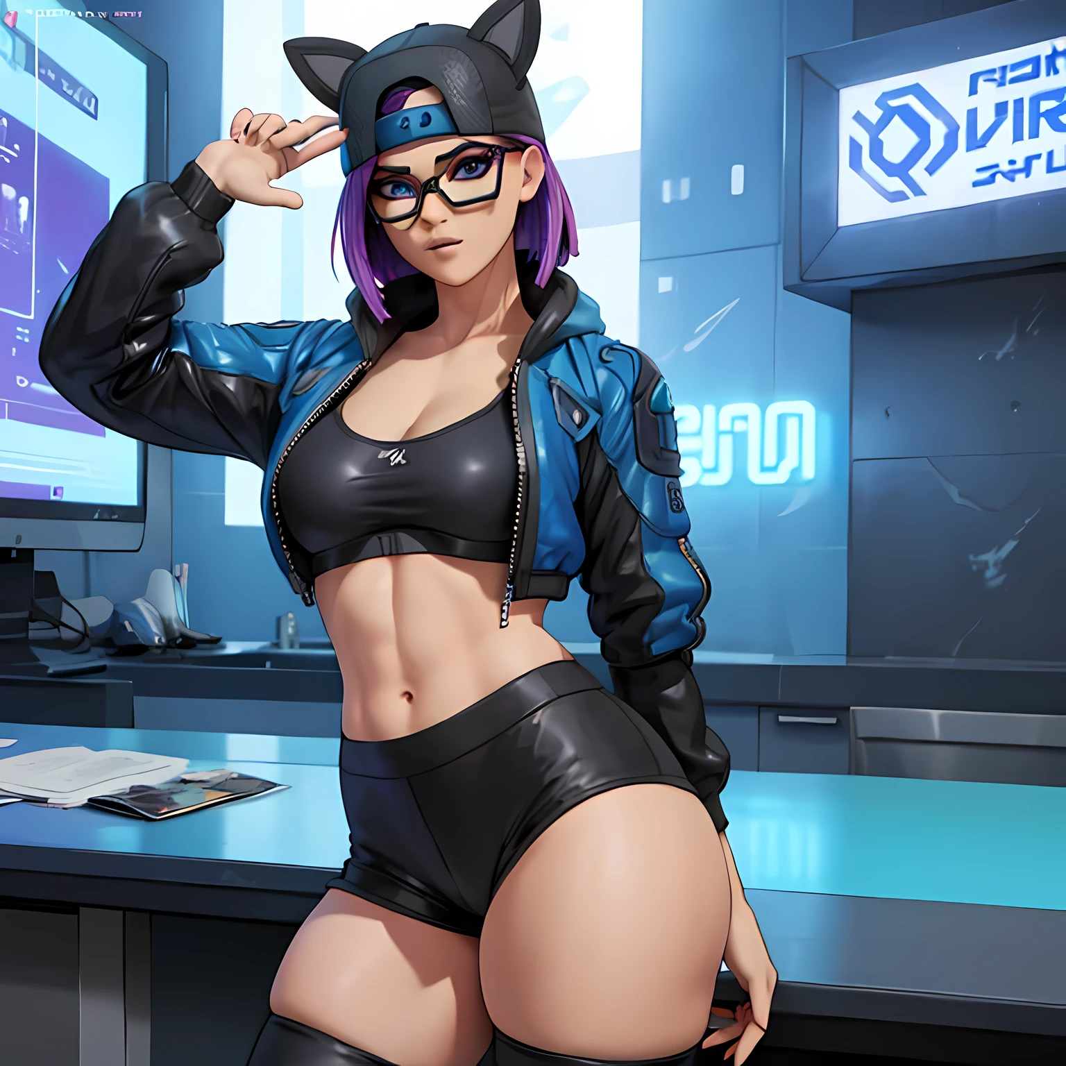 cyberpunk line , lingerie cap , shorts negro con leggins Azul Marino, chaqueta azul marino ,Extremadamente detallado, rostro detallado, gafas ,hermoso rostro, ojos finos, mirando al espectador, pose femenino, Noche 