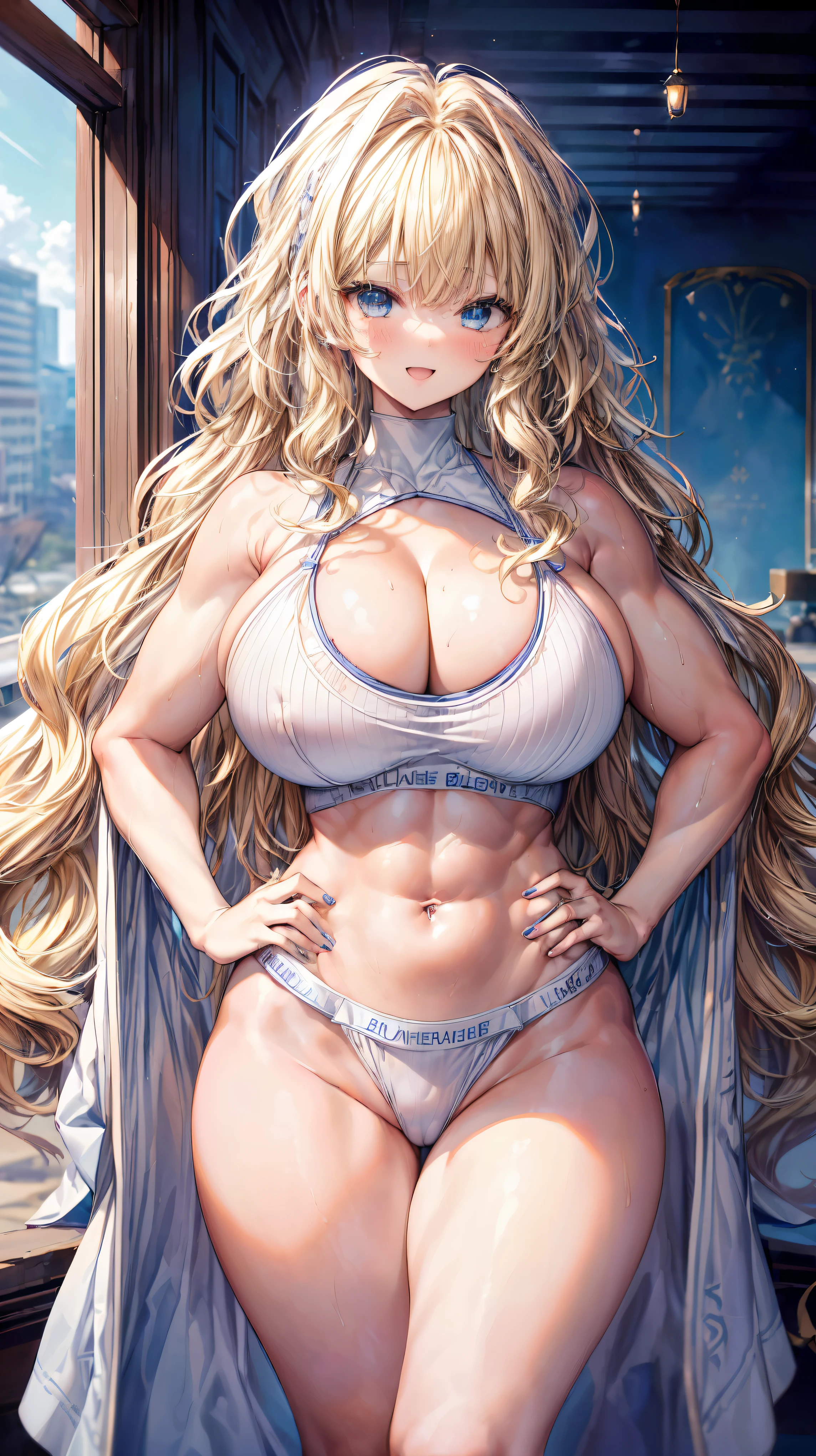 Super detailed、highest quality、Best image quality、masterpiece、8K、Anime Face、A kind smile、Open Mouth、Sparkling Blue Eyes、(Blonde wavy hair:1.5)、(SFW huge body:1.2)、(She is wearing a white high-cut thong.:1.5)、Muscles of the whole body、(In underwear:1.5)、Hands on hips