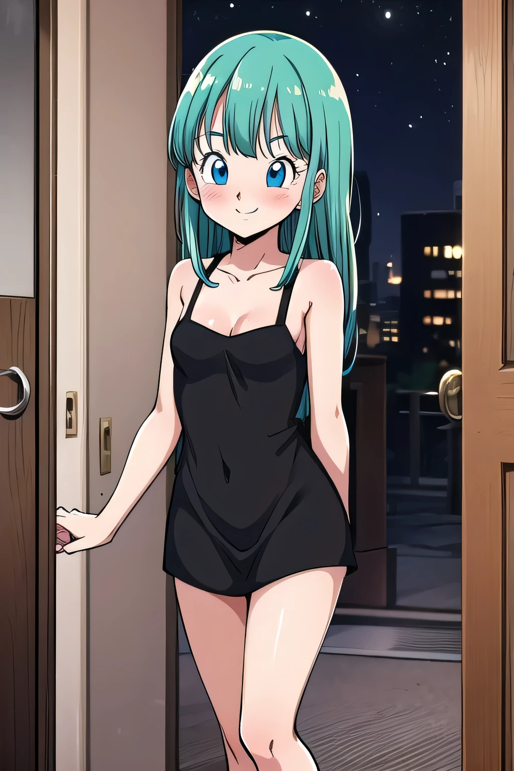 bulla, long hair, straight hair, aqua hair, blue eyes. 1girl, solo, small breasts, cleavage, black dress, indoor bedroom, open door at night, standing up, seductive smile, blushing