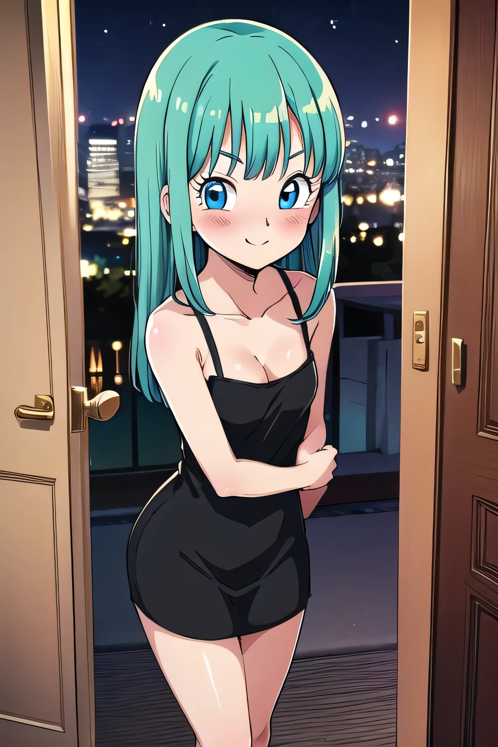 bulla, long hair, straight hair, aqua hair, blue eyes. 1girl, solo, small breasts, cleavage, black dress, indoor bedroom, open door at night, standing up, seductive smile, blushing