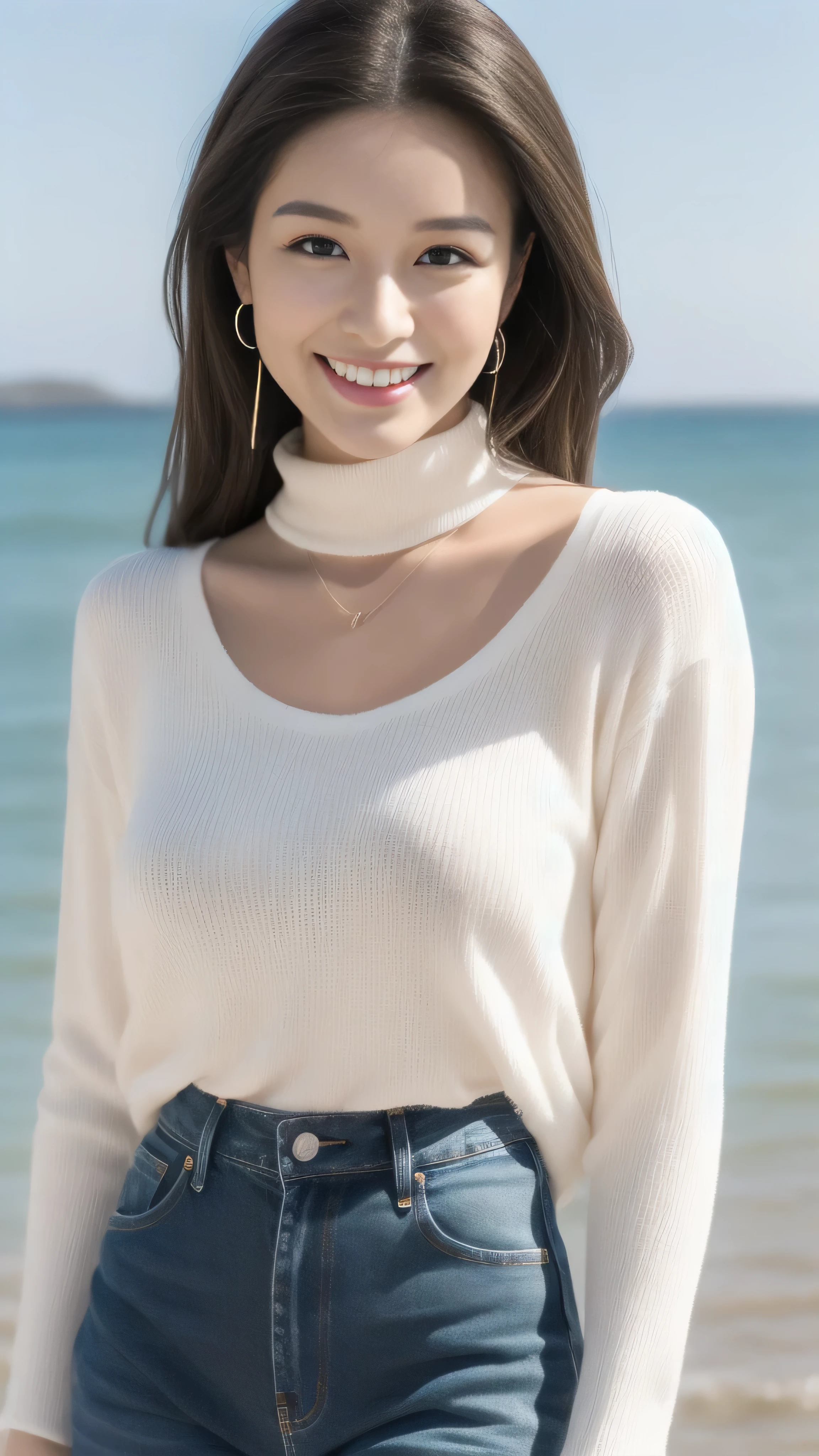 Hostess&#39;s face、Married women、Married Woman、Beauty、white high neck cut and sew、jeans、high quality、Super Ultra Realistic、healthy、smile、Perfect figure、Japanese Beauty、 necklace、Earrings、Perfect eyes, beautiful skin、Upper Body、looking at the camera、coastal