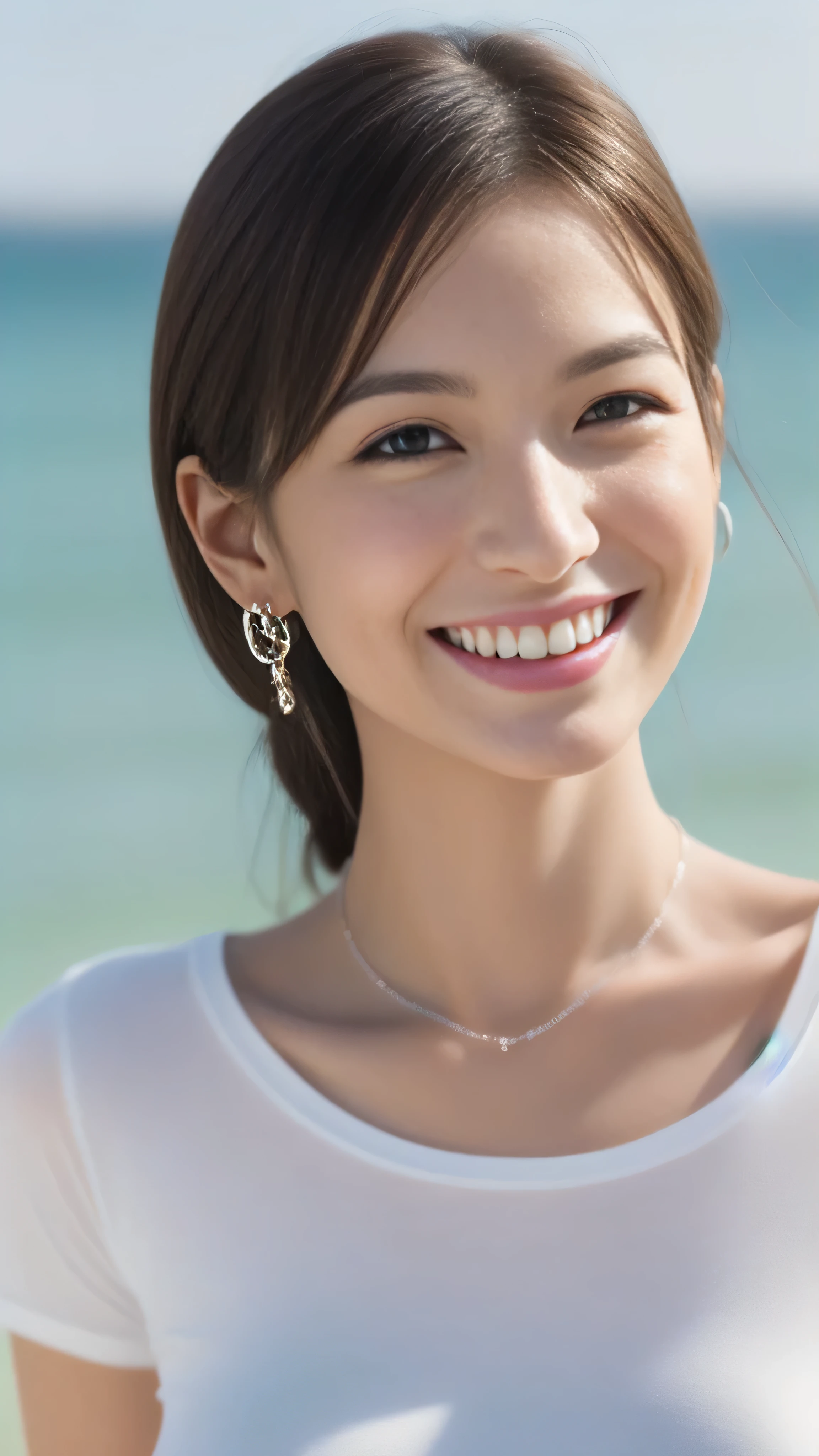 Hostess&#39;s face、Married women、Married Woman、Beauty、White high neck T-shirt、high quality、Super Ultra Realistic、healthy、smile、Perfect figure、Japanese Beauty、 necklace、Earrings、Perfect eyes, beautiful skin、Upper Body、looking at the camera、coastal