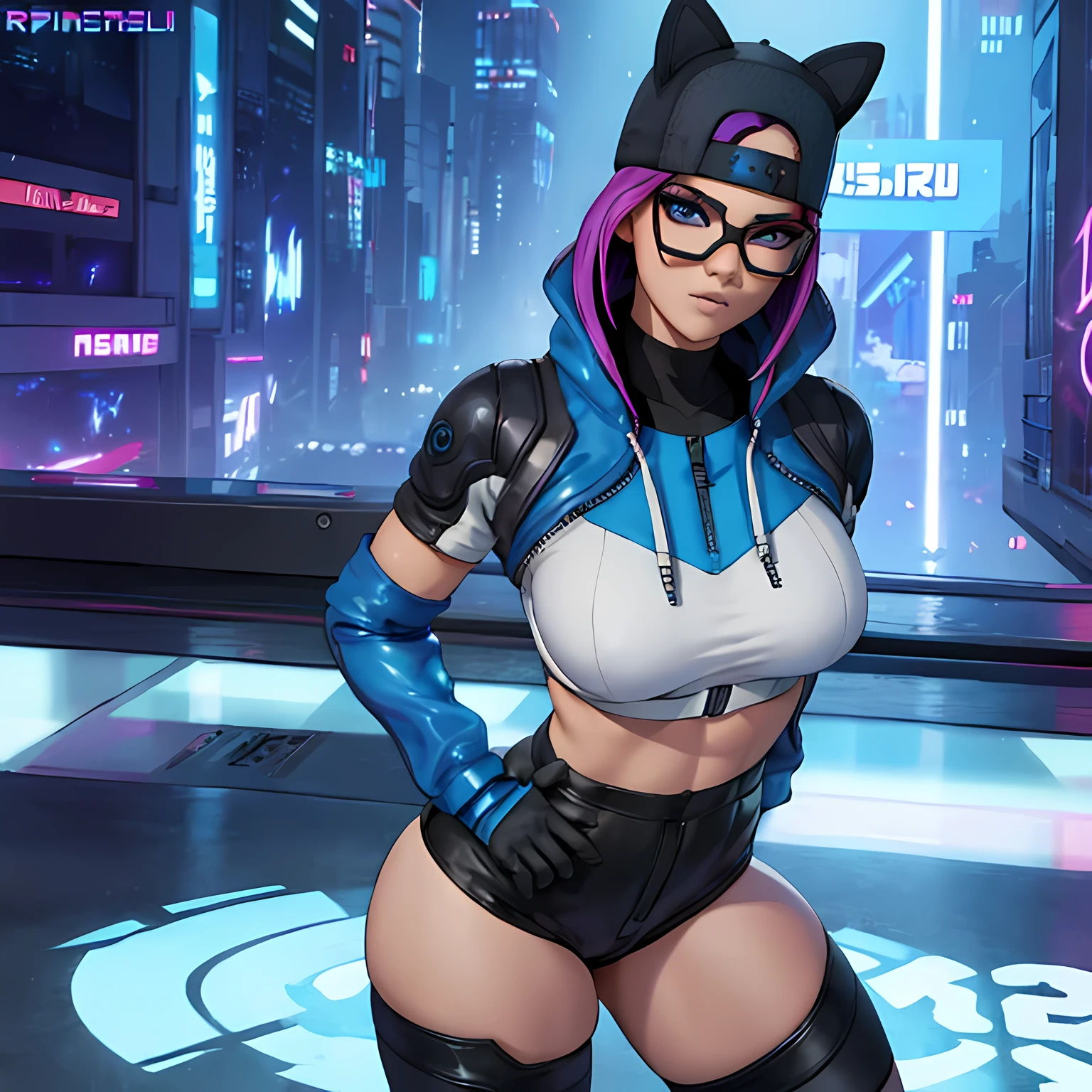 cyberpunk line , lingerie cap , shorts negro con leggins Azul Marino, chaqueta azul marino ,Extremadamente detallado, rostro detallado, gafas ,hermoso rostro, ojos finos, mirando al espectador, pose femenino, Noche