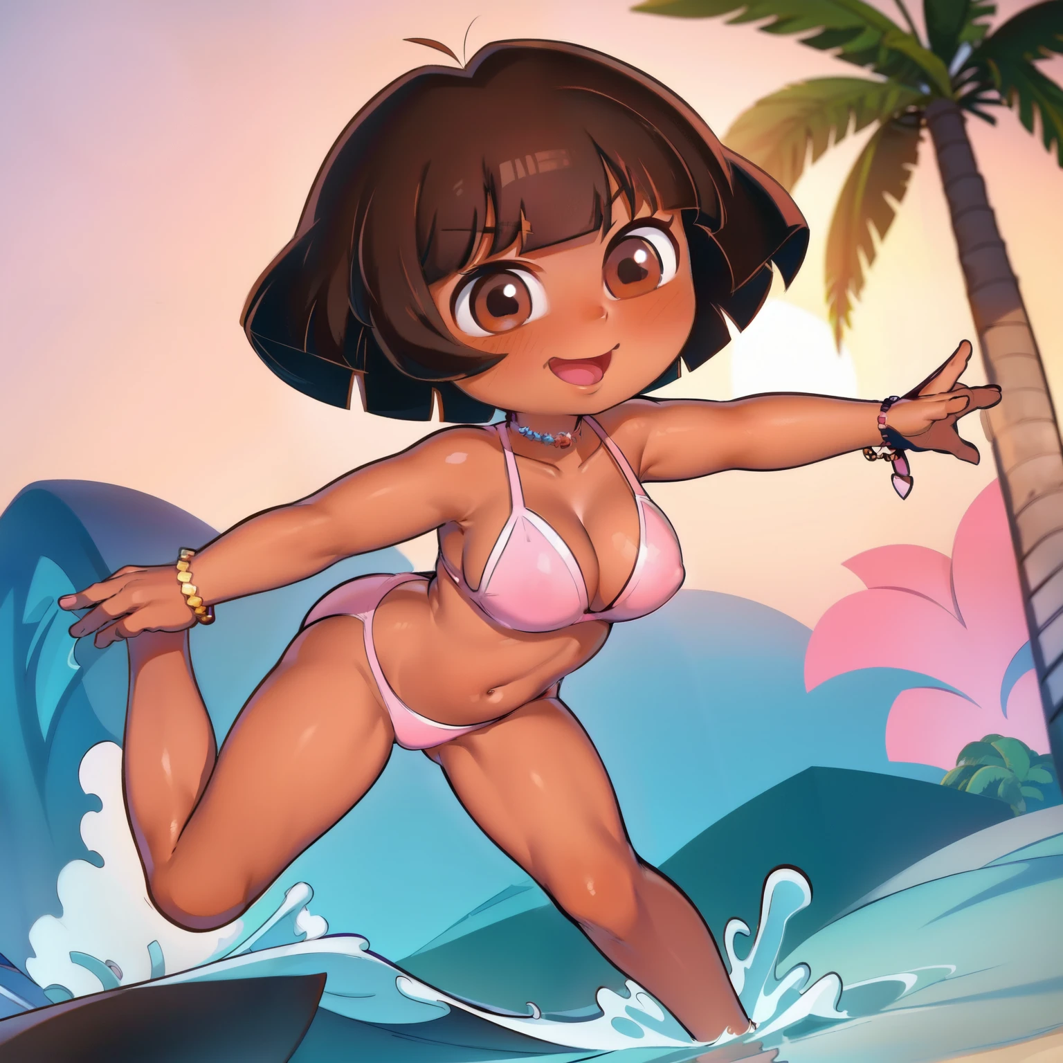 ((masterpiece, best quality)), full body, (solo 0.6), 1 girl, Dora, bracelet, (dark skin 0.6), dark brown hair, short hair, brown eyes, sunset, beach, pink bikini, dynamic pose, large breasts, grinning, sexy,