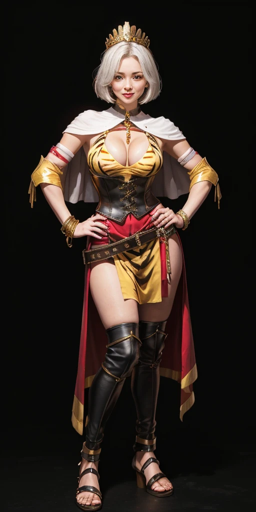 ((BLACK BACKGROUND 1:2, masterpiece)) 1solo female full body MILF BIMBO standing straight symmetrical with two long thighs and two metal sandals, red eyes like rubies, eye focus looking to the viewer, silver white hair, short bob style hair, big knockers breastplate, breastplate, cleavage, tiara royal, long cape up to two feet, yellow bikini (yellow tiger stripes), lustful smirking smiling, smile face (red blushed, red cheeks), pauldrons metal shoulders, gold sleeveless bracelets, separate sleeves, hands on waist hands OR hips, golden bracers, metal handcuffs, leather corset, red loincloth, black leather choker slave collar, shackles bracelets, slave red crest under navel, navel, big belt around waist OR hips, feet together, metal ankle, two long thighs and two metal sandals