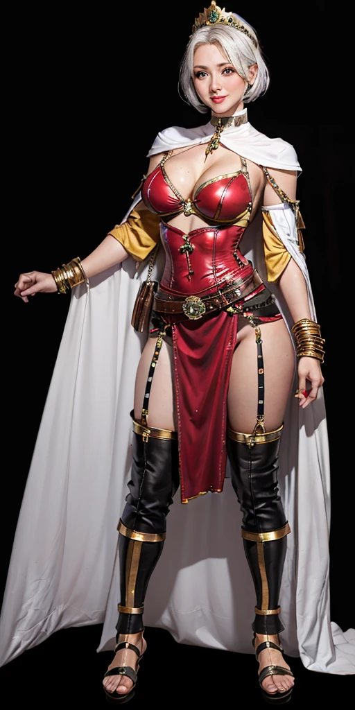((BLACK BACKGROUND 1:2, masterpiece)) 1solo female full body MILF BIMBO standing straight symmetrical with two long thighs and two metal sandals, red eyes like rubies, eye focus looking to the viewer, silver white hair, short bob style hair, big knockers breastplate, breastplate, cleavage, tiara royal, long cape up to two feet, yellow bikini (yellow tiger stripes), lustful smirking smiling, smile face (red blushed, red cheeks), pauldrons metal shoulders, gold sleeveless bracelets, separate sleeves, hands on waist hands OR hips, golden bracers, metal handcuffs, leather corset, red loincloth, black leather choker slave collar, shackles bracelets, slave red crest under navel, navel, big belt around waist OR hips, feet together, metal ankle, two long thighs and two metal sandals