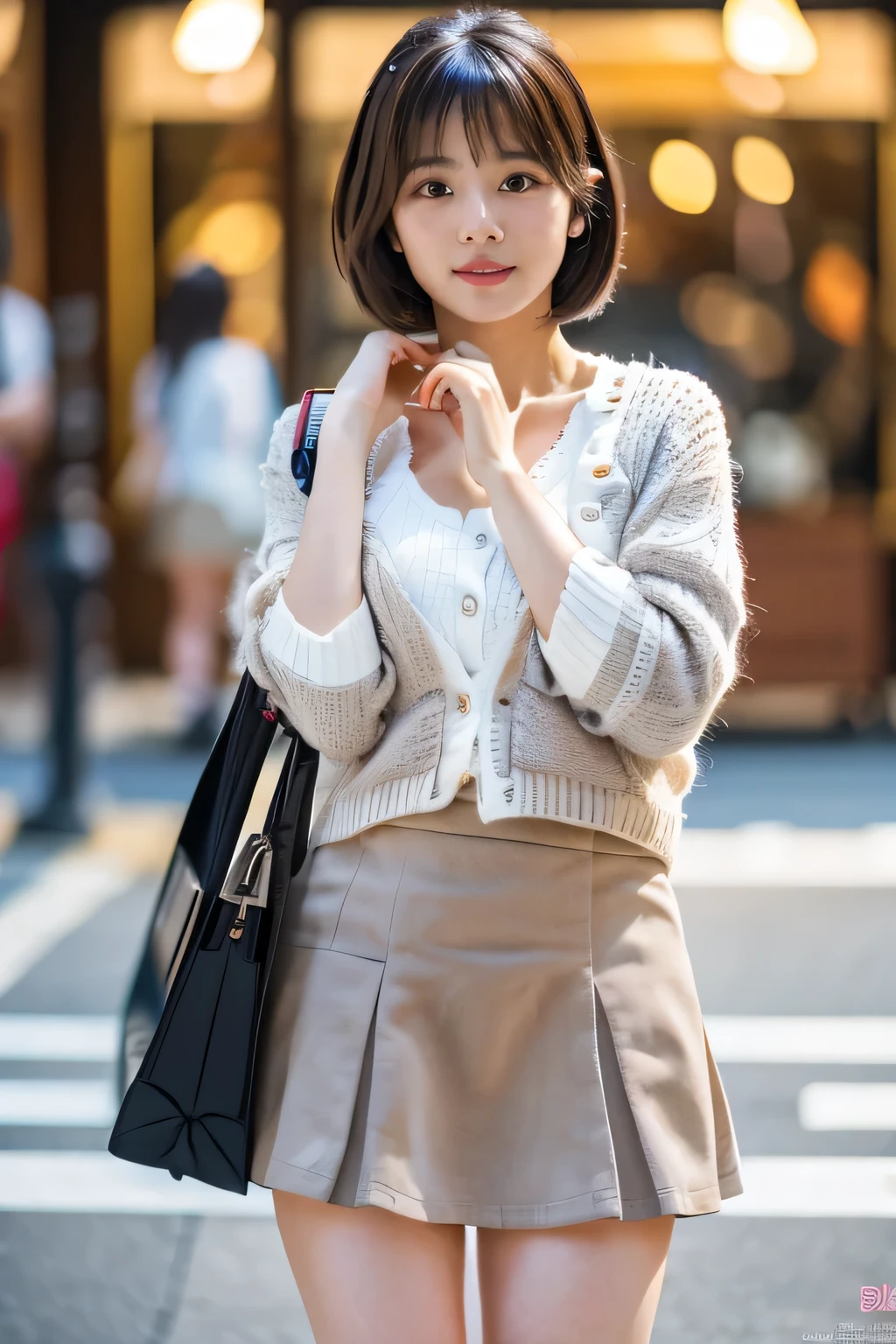 masterpiece, highest quality, Photorealistic, Very detailed, finely, High resolution, 8K Wallpaper, Professional, High level of detail, ((One 20-year-old girl:1.2)), Slender Japanese women,cute lips, Detailed clavicle, Mid-chest、Perfect Face, (Cute short hair:1.5), Chestnut Hair、Cute face、White Cardigan、(Grey Mini Flared Skirt:1.5)、Black short boots、(Sexy poses in the shopping district:1.2)、Perfect Professional Potion、((Complete head-to-toe coverage:1.5)、