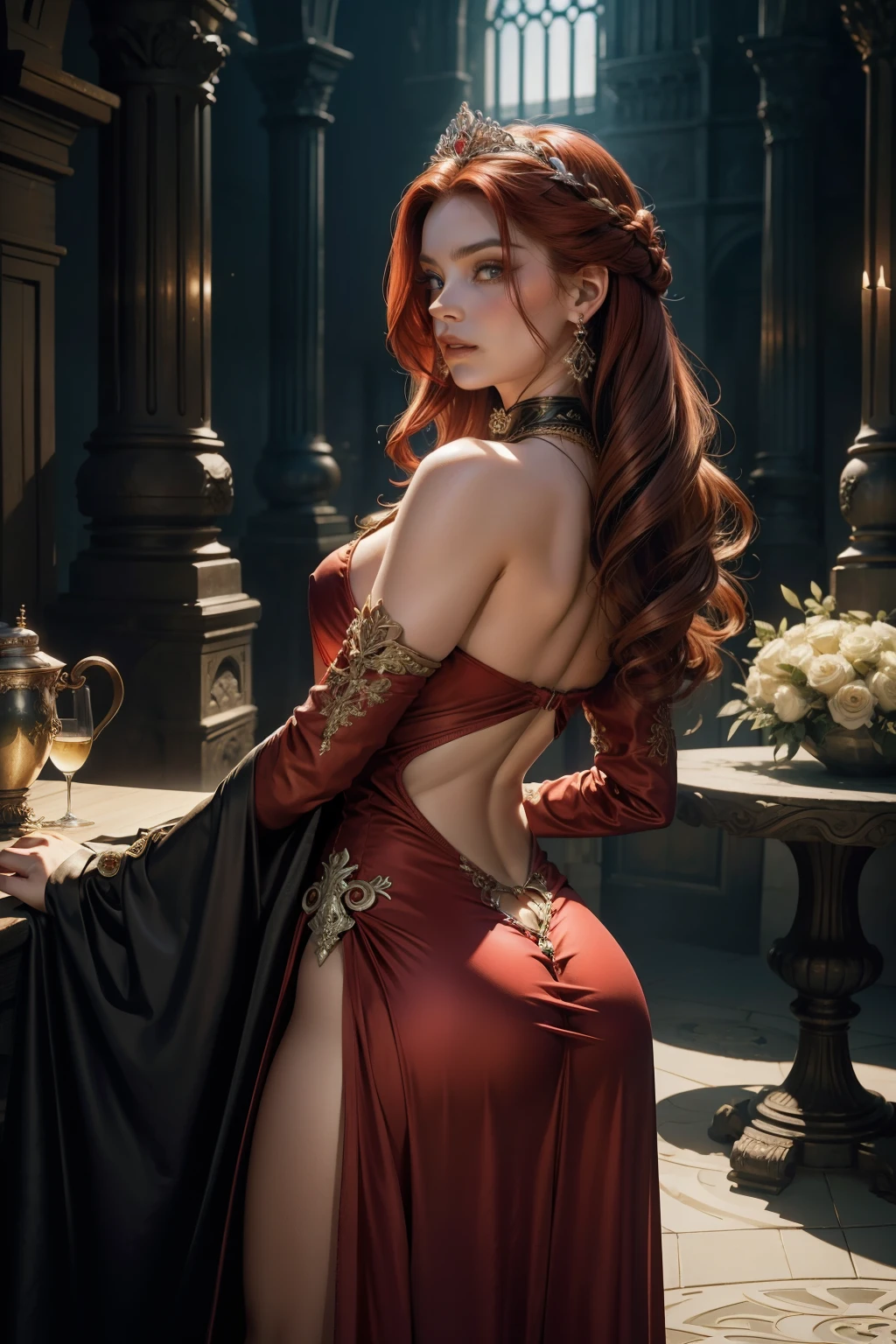 Foto de uma mulher com cabelos ruivos e um aperto de morte em um vestido preto, Estilo de Arte de John Collier, Virgem com cabelo de cobre, Estilo por Karol Buck, Young ruiva, retrato de uma jovem bruxa, No Bowwater Art Style, Diretor de palco: Roberto Lankiewicz, Geraldo Brohm, Alberto Lynch, portrait of princess merida, Dave Sim, red-haired in a dark palace, Vestido de veludo preto e roxo em um kokoshnitsa, Roupas ciganas de luxo, Head decoration, gargantilha de renda, obra-prima, Maximum quality, (Odin), (um rosto perfeito: 1.3), (altamente detalhado: 1.2), dramatic, 1 garota, anjo, (Pale skin), longos cabelos ruivos, cabelo ruivo escuro, (Seios enormes), (bunda enorme), sobrancelhas claras,,,,,,,,,, cabelo longo, a noite, Roxo e preto medieval vestido cigano, lots of jewelry, Head decorations, olho castanho, The navel is covered......., fleshy lips, curved, (hands behind the back: 1.4), abordado, Detailed palace background, arte de artgerm e greg rutkowski, film lighting, , moda, Balenciaga, Alexander McQueen, brilhante, Cabelo ruivo cobre, Cabelo ruivo cobre, cabelo ruivo, mulher ruiva, Lindo cabelo ruivo, ruiva, Pale skin, Garrafa de Gordura, big lips, juicy lips beautiful lips, lindos olhos, gordinho Buchachas, rosto redondo, gordinho young woman, gordinho , caboz, gordo, Woman with cabozby body, gordinho woman, vestido preto, Sullenly extends his entire body towards the viewer.), (olhos vermelhos: 1.3)