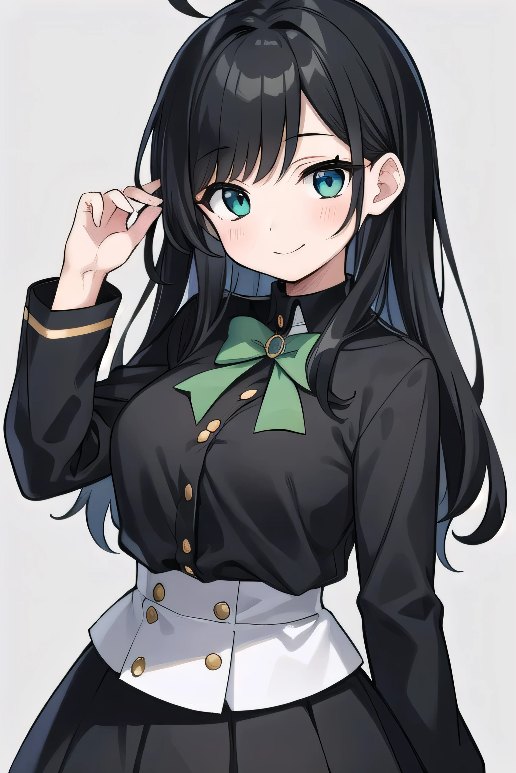  high schoolooks like an elementary school st short, 140 cm tall, black slight green tinge, short ahoge, beautiful long hair but with a little hair sticking out, beautiful round eyes, blue eyes, smile, boyish, long sleeves, Thick clothes, skirt, big breasts, hair longer than waist, long hair, childish face, gentle smile, a little shy, black skirt, black hair with a slight green tinge, boyish, gentle smile, jacket one size larger, ( Deep greenish black hair: 1.3)