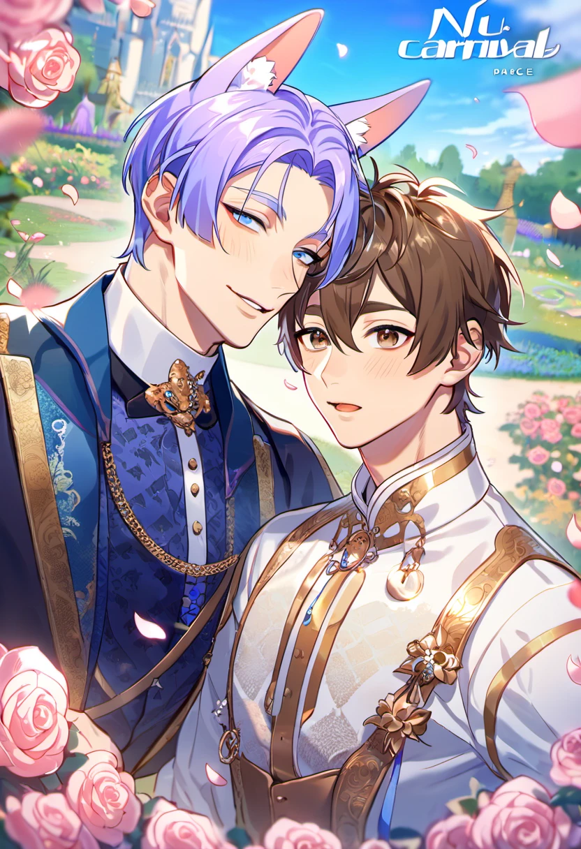 absurdres, highres, ultra detailed, HDR, master piece, best quality, perfect face, beautiful eyes, delicate features, Eiden, brown hair, expressive brown eyes, Nu Carnival, Kuya, light-purple hair, expressive blue eyes, fox ears, two men together, gay couple, handsome, fantasy clothes, castle, garden, pink roses, petals