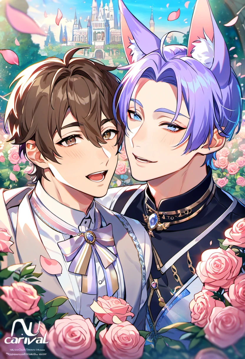 absurdres, highres, ultra detailed, HDR, master piece, best quality, perfect face, beautiful eyes, delicate features, Eiden, brown hair, expressive brown eyes, Nu Carnival, Kuya, light-purple hair, expressive blue eyes, fox ears, two men together, gay couple, handsome, fantasy clothes, castle, garden, pink roses, petals
