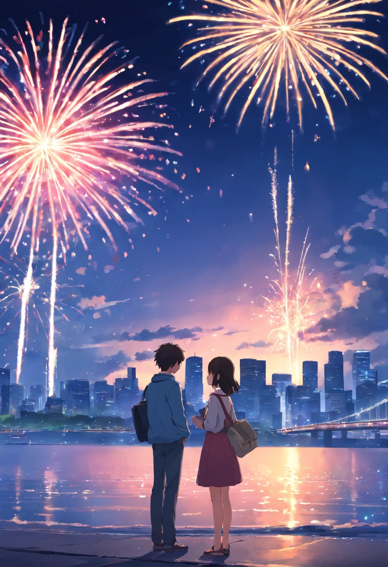 ((love confession)), ((Couple)), night, ((Under the fireworks)), (((masterpiece))), (best quality), (ultra detail), (very_high_resolution), (large_filesize), (full color)