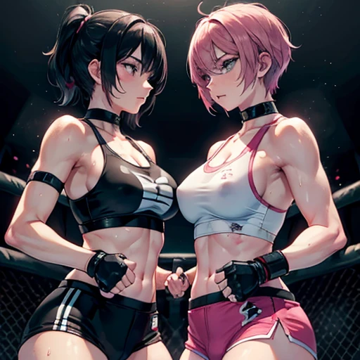 Two beautiful female fighters, each slamming their fists into the other's body in the octagon, in a battle royal between two beautiful female fighters. Wounded all over. They are very sweaty. Torn and tattered tank top and spats, open finger gloves. Erect pink nipples. Short-cut black hair.