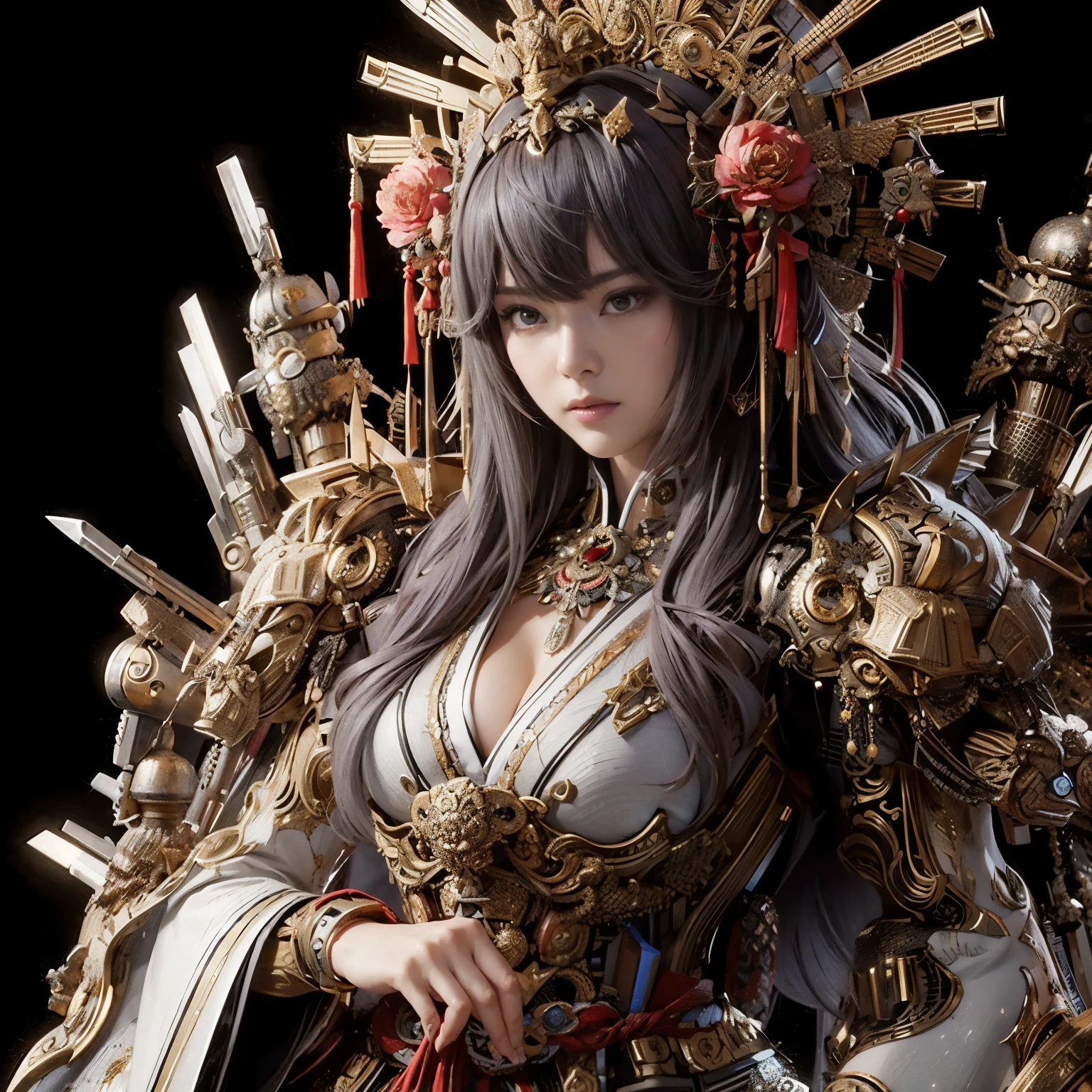 girl、masterpiece,highest quality,ultra high resolution,(three women:1.5),(25 years old:1.2),stupid solution, Super detailed,(realistic:1.4,),(Twelve gods:1.4),(mandala:1.5),(Japanese god:1.5 ),(Medieval Japanese armor:1.5),(日本のkimono:1.5),(God's garment:1.4),(heart earrings:1.5),(kimono:1.4),(big breasts:1.4),(long hair:1.4),(Wearing King Enma's crown:1.3)