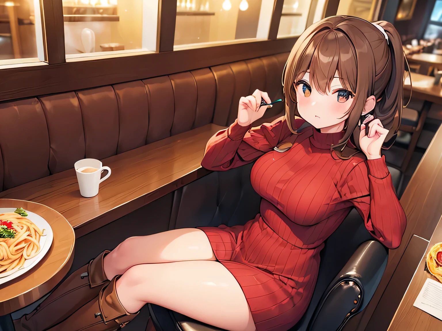 (Masterpiece, top quality, high resolution, realistic photo, realistic looking skin:1.1),
(A woman is sitting in a chair at a table in a pasta restaurant:1.8),
(She looks furious at us: 1.5),
(She is wearing a red long-sleeved mini knit dress:1.8),
(She is wearing a red long-sleeved mini knit one-piece dress made of ribbed material that shows off her curves:1.5),
(She is wearing long brown boots:1.8),
(She has brown hair in a medium ponytail:1.5),
(The location is a chair at a table in a pasta restaurant:1.5),
1 Japanese girl, solo, full bodied esbian, beautiful eyes, glowing eyes, glowing thighs, NSFW