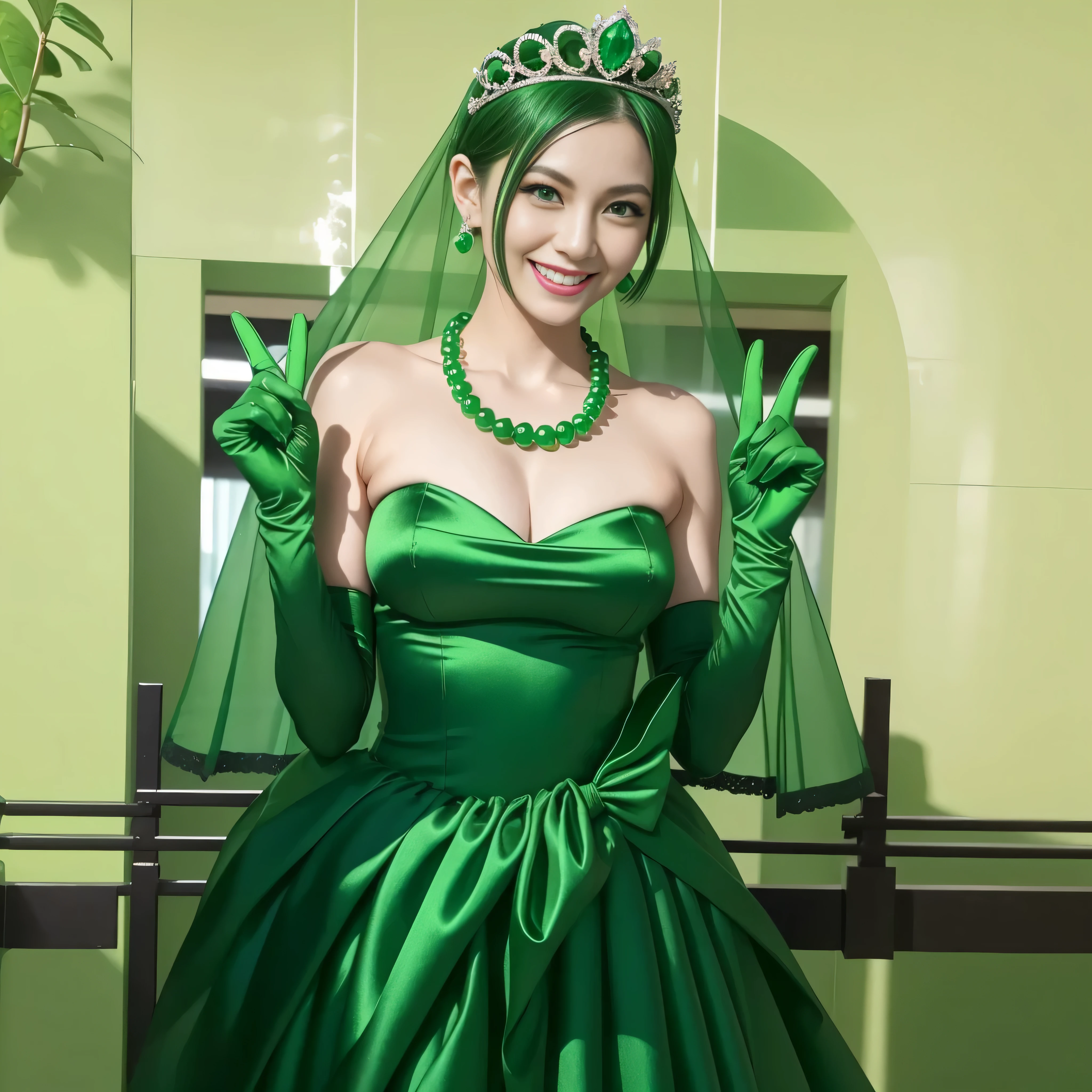 Emerald tiara, Green Pearl Necklace, Boyish very short green hair, lipstick, Smiling Japanese woman, Very short hair, Big tits beautiful, Green Eyes, Long green satin gloves, Green Eyes, v sign, Emerald Earrings, Green Veil