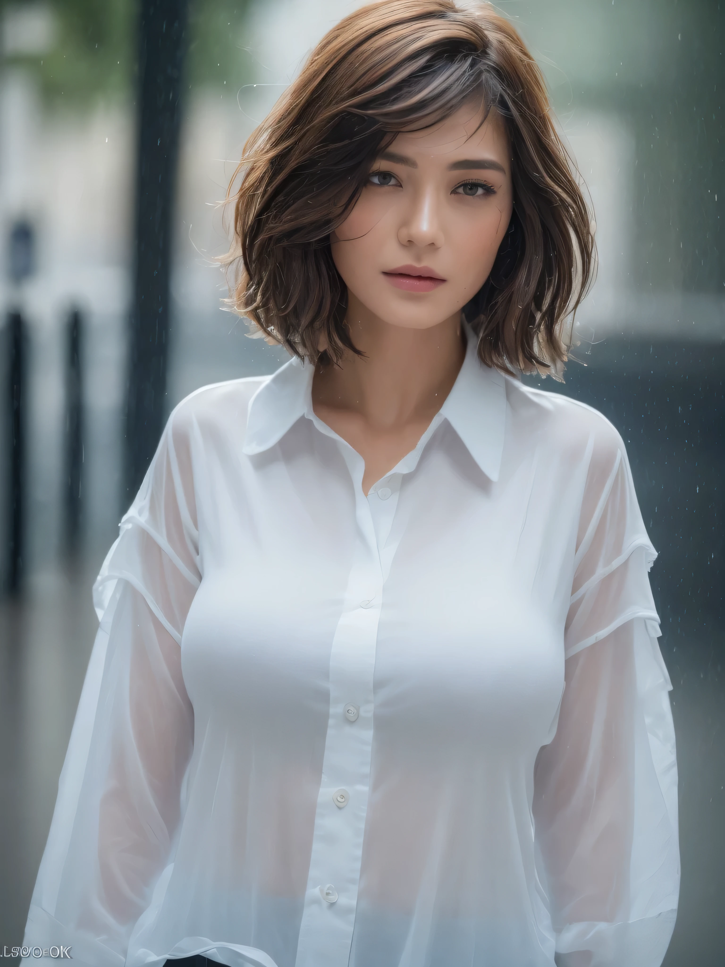 (((Top Quality, 8k, Masterpiece: 1.3)), Sharp Focus: 1.2, Beautiful woman with perfect body: 1.4, Slim Abdomen: 1.2, ((Layered haircut, small: 9.9)), (No bra) (Small and beautiful hard (Thin moist buttons up to shirt length: 1.1), (White shirt wet from rain), (Rain, street: 1.2), Wet body: 1.1, Highly detailed face and skin texture, detailed eyes, double eyelids, tanned skin, sexy, tanned