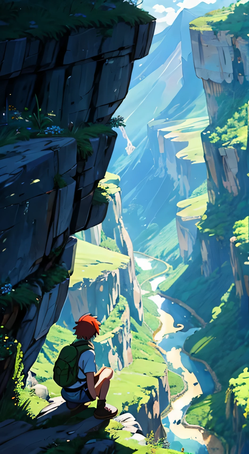 A lone adventurer perches on the edge of a mountain cliff, his trusty backpack by his side, against a backdrop of vibrant anime-style scenery. The sun's rays create a dreamy aura, highlighting the lush greenery and a meandering river below, all with a touch of whimsical anime charm