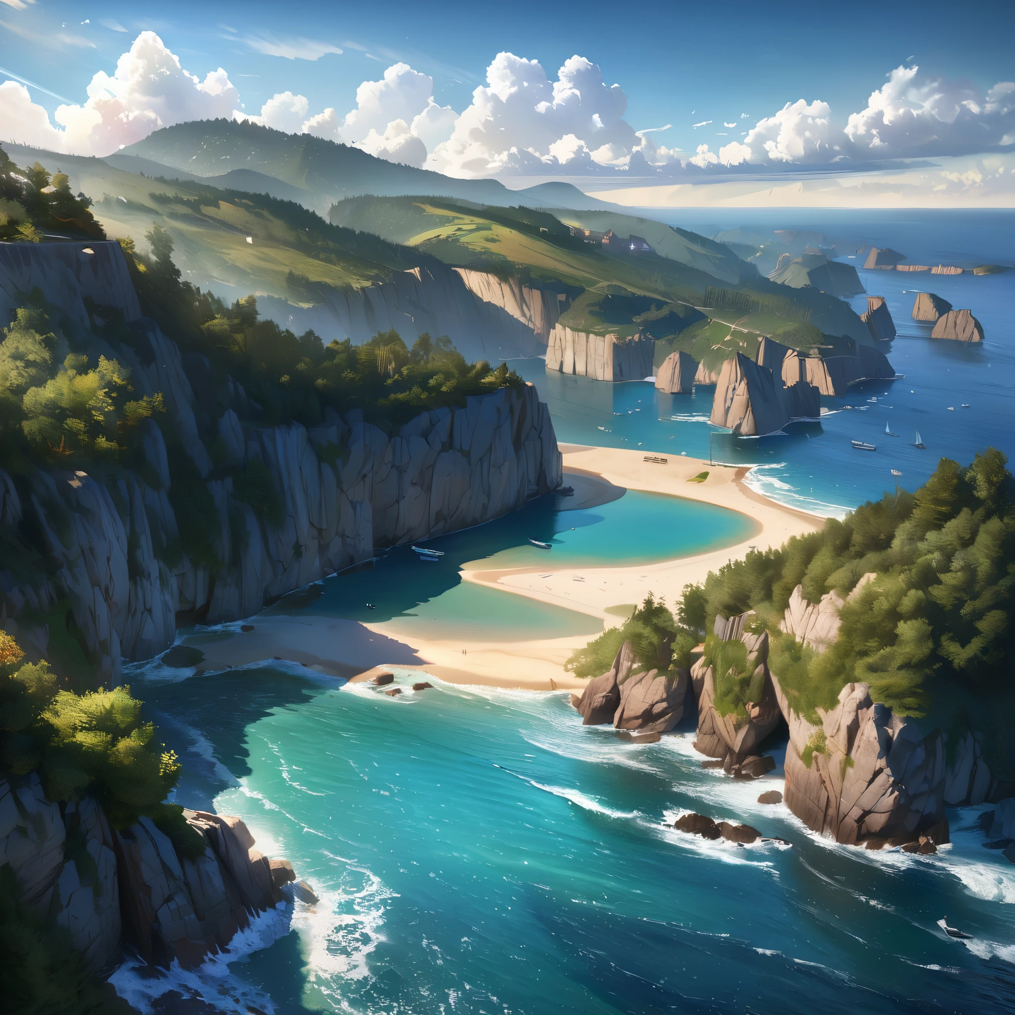A serene coastline with yachts and ships sailing on the glistening sea, clear skies with fluffy white clouds, green trees lining the shore, comfortable sea breeze. Illustration, best quality, 4k, 8k, highres, masterpiece:1.2, ultra-detailed, realistic:1.37, HDR, UHD, studio lighting, ultra-fine painting, sharp focus, physically-based rendering, extreme detail description, professional, vivid colors, bokeh, portraits, landscape, photography. Blue hues dominating the color palette, natural lighting enhancing the scene.