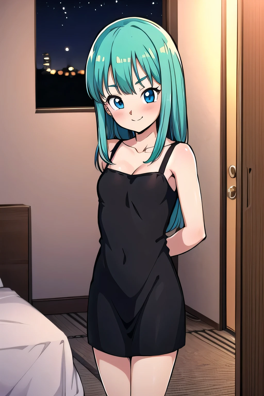 bulla, long hair, straight hair, aqua hair, blue eyes. 1girl, solo, small breasts, cleavage, black dress, indoor bedroom, open door at night, standing over her bed, seductive smile, blushing
