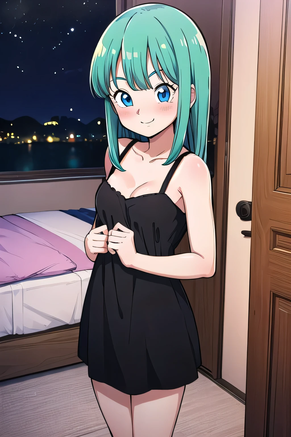 bulla, long hair, straight hair, aqua hair, blue eyes. 1girl, solo, small breasts, cleavage, black dress, indoor bedroom, open door at night, standing over her bed, seductive smile, blushing