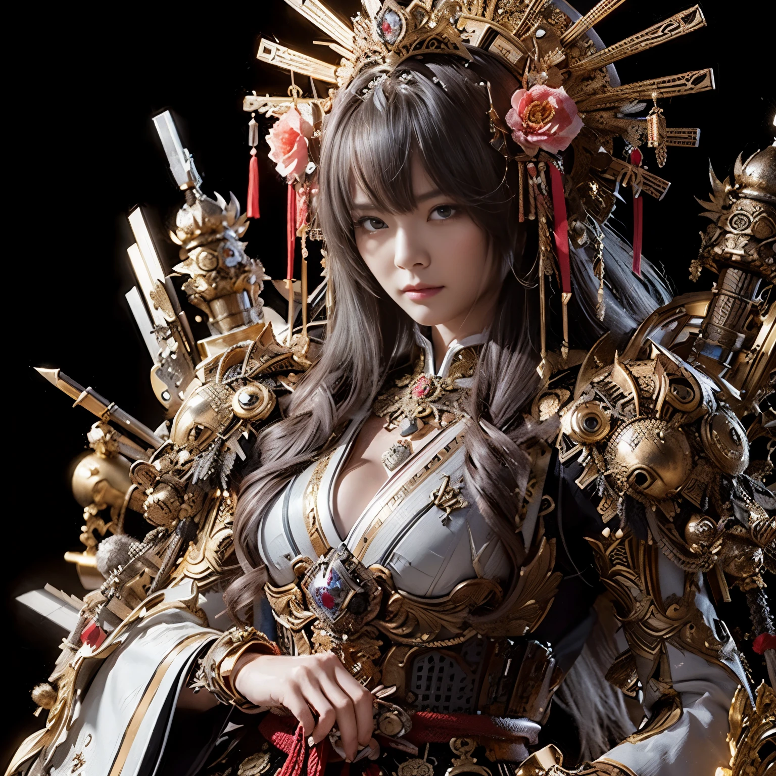 (masterpiece, best quality:1.2), (8k uhd, 16k, 32k, ultra high res), (photorealistic:1.37), (RAW photo), ultimate-realistic, ultimate-realistic details, ultimate-realistic texture, ultimate-intricate details, ultimate-realistic lighting, ultimate-realistic shadow, japanese girl, ultimate-cute face, ultimate-RAW skin, ultimate-realistic eyes, A pretty woman wearing a samurai armor type powered suit, mechanical, extremely intricate details, full body shot, ultimate photorealistic