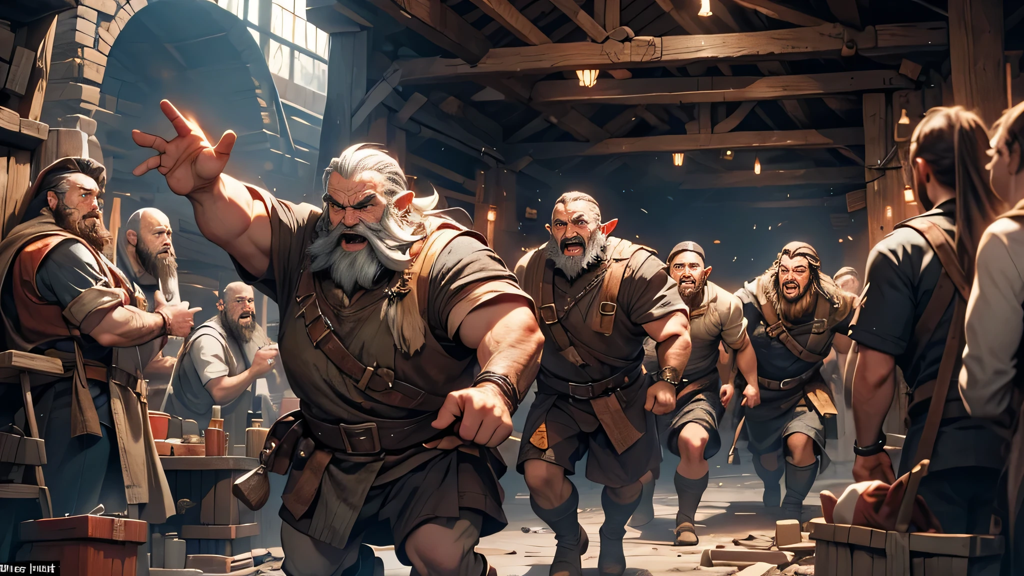 A group of Dwarves panicking, detailed depiction of their fear and panic, trembling bodies, wide-eyed expressions, sweat on their foreheads, terrified faces, rushing movements, inside the mine
