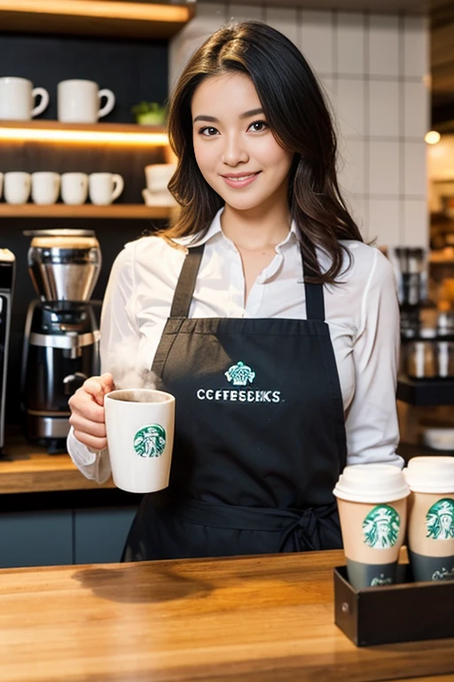 (best quality,ultra-detailed,realistic:1.37),portrait,beautiful detailed eyes,beautiful detailed lips,gorgeous face,dark and wavy hair,flawless skin,expressive eyebrows,seductive smile,sparkling eyes,sexy outfit,playful gaze,artistic composition,barista,coffee machine,clean and modern Starbucks store,rich aroma of coffee,warm and cozy atmosphere,attentive customer service,steaming hot cup of coffee,frothy latte art,colorful coffee mugs,enticing coffee menu,aromatic coffee beans,barista tools,apron with Starbucks logo,busy coffee counter,customer orders,takeaway cups,coffee grinder,blended and brewed coffee,variety of coffee flavors,espresso shots,creamy cappuccino,customer interaction,aesthetic coffee shop,wholesome vibes,upbeat music,delicious pastries,relaxing environment,indoor seating,artistic wall decorations,vibrant green logo,friendly and welcoming staff,positive energy,professionalism,efficiency,dedication to the craft,attention to detail,brilliant colors,well-lit environment,neat and tidy ambience,coffee lovers,caffeine fix,unwinding after a long day,meeting spot,caffeinated beverages.
