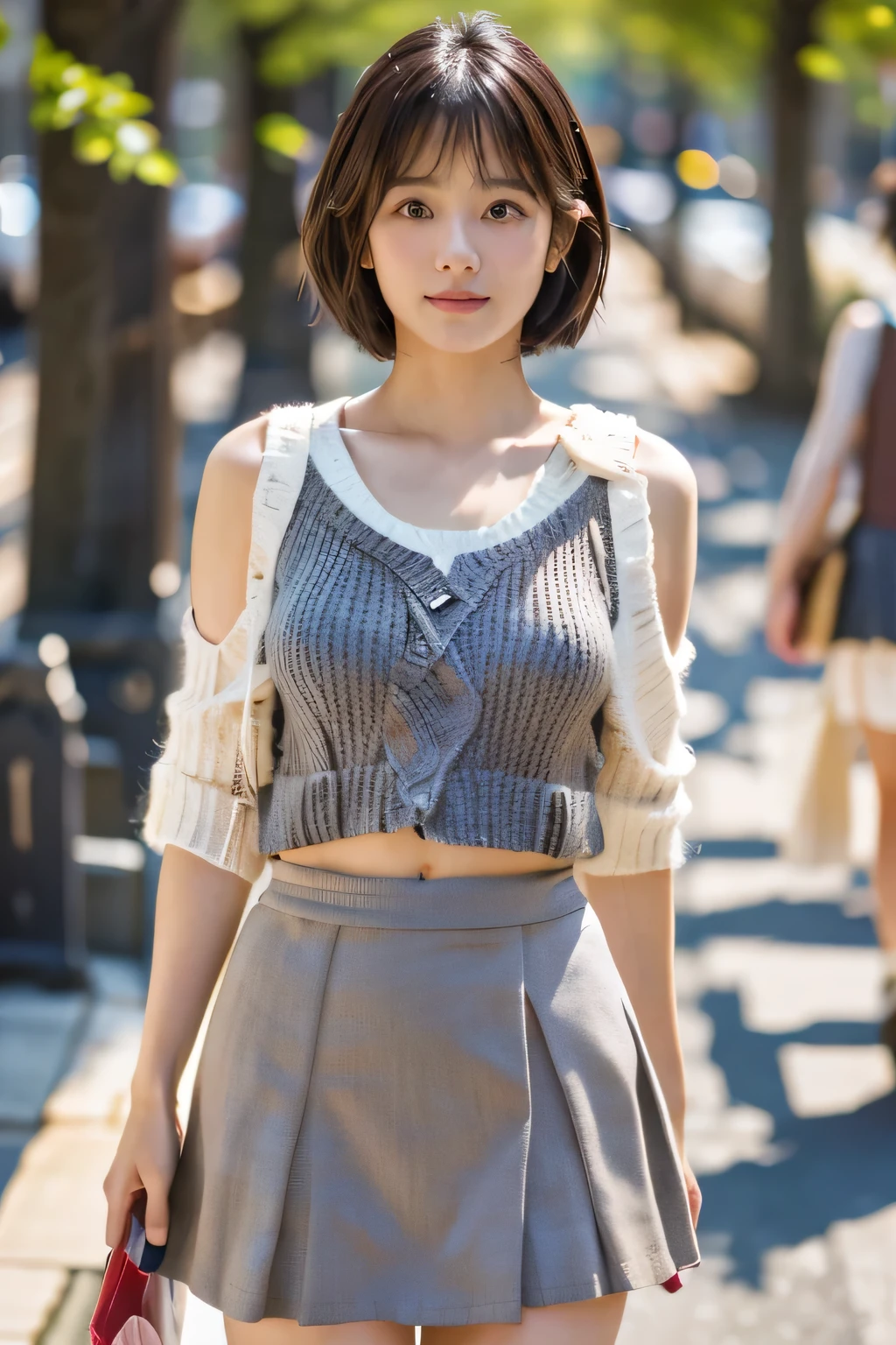 masterpiece, highest quality, Photorealistic, Very detailed, finely, High resolution, 8K Wallpaper, Professional, High level of detail, ((One 20-year-old girl:1.2)), Slender Japanese women,cute lips, Detailed clavicle, Mid-chest、Perfect Face, (Cute short hair:1.5), Chestnut Hair、Cute face、(Just-fitting summer knitwear:1.2)、(Grey Mini Flared Skirt:1.5)、Black short boots、(Sexy poses in the shopping district:1.2)、Perfect Professional Potion、((Complete head-to-toe coverage:1.5)、