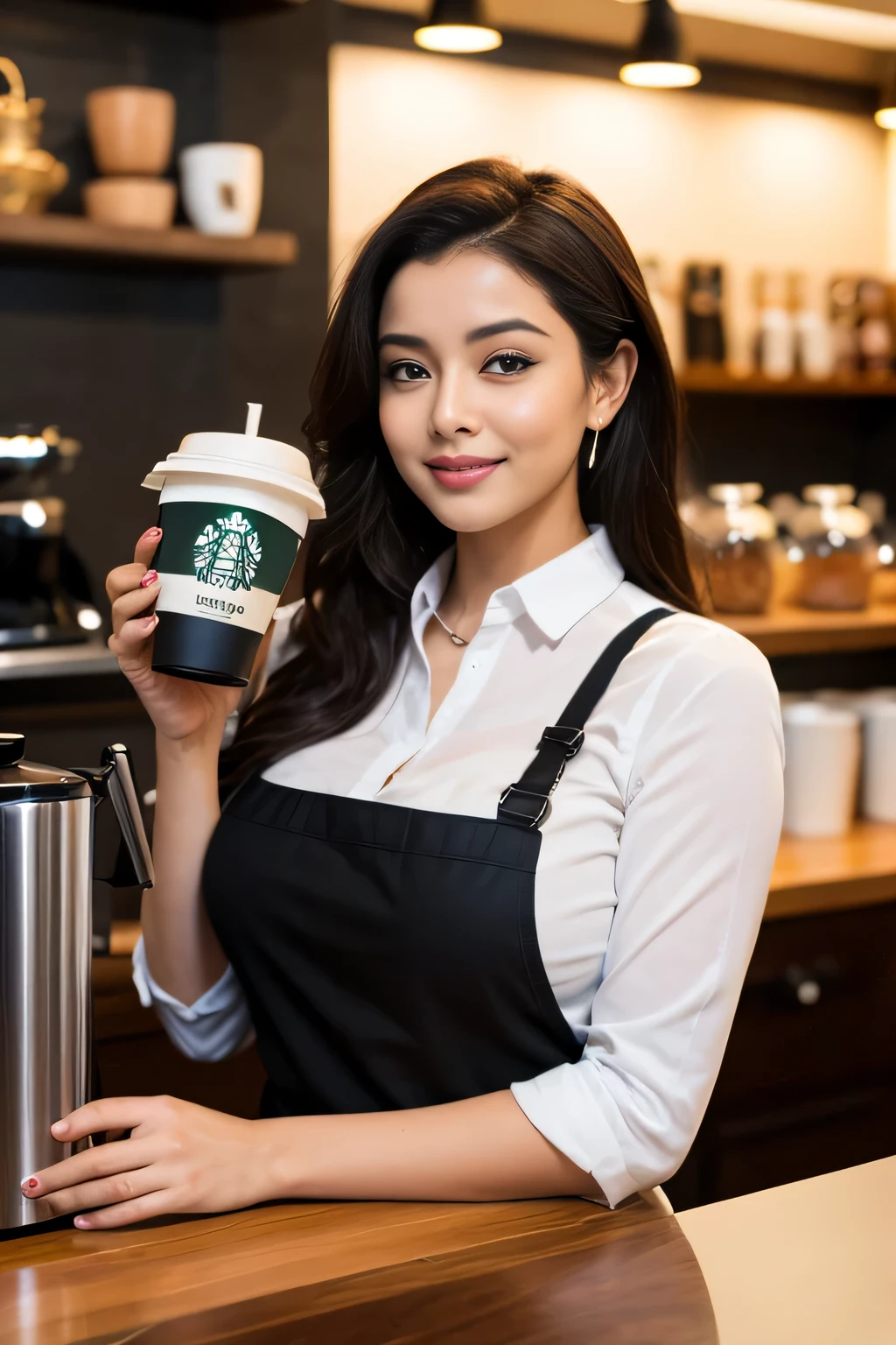 (best quality,highres), A Aishwarya Rai in a Starbucks uniform makes coffee, Big breast、just wearing apron、full body, naughty seductive pose, vivid colors,portrait,detailed eyes and face,dark hair,beautiful lips,expressive eyes,natural lighting,smoky eye makeup,curly hair,starbucks branding,coffee machine,morning scene,hot steaming coffee cup,caffeine boost,warm atmosphere,barista style,polished nails,Bollywood glam,ethnic jewelry,professional lighting,playful expression,intense gaze,aroma of freshly brewed coffee,caffeine addiction,barista skills,aromatic coffee beans,sexy smirk,confident posture,enticing aura