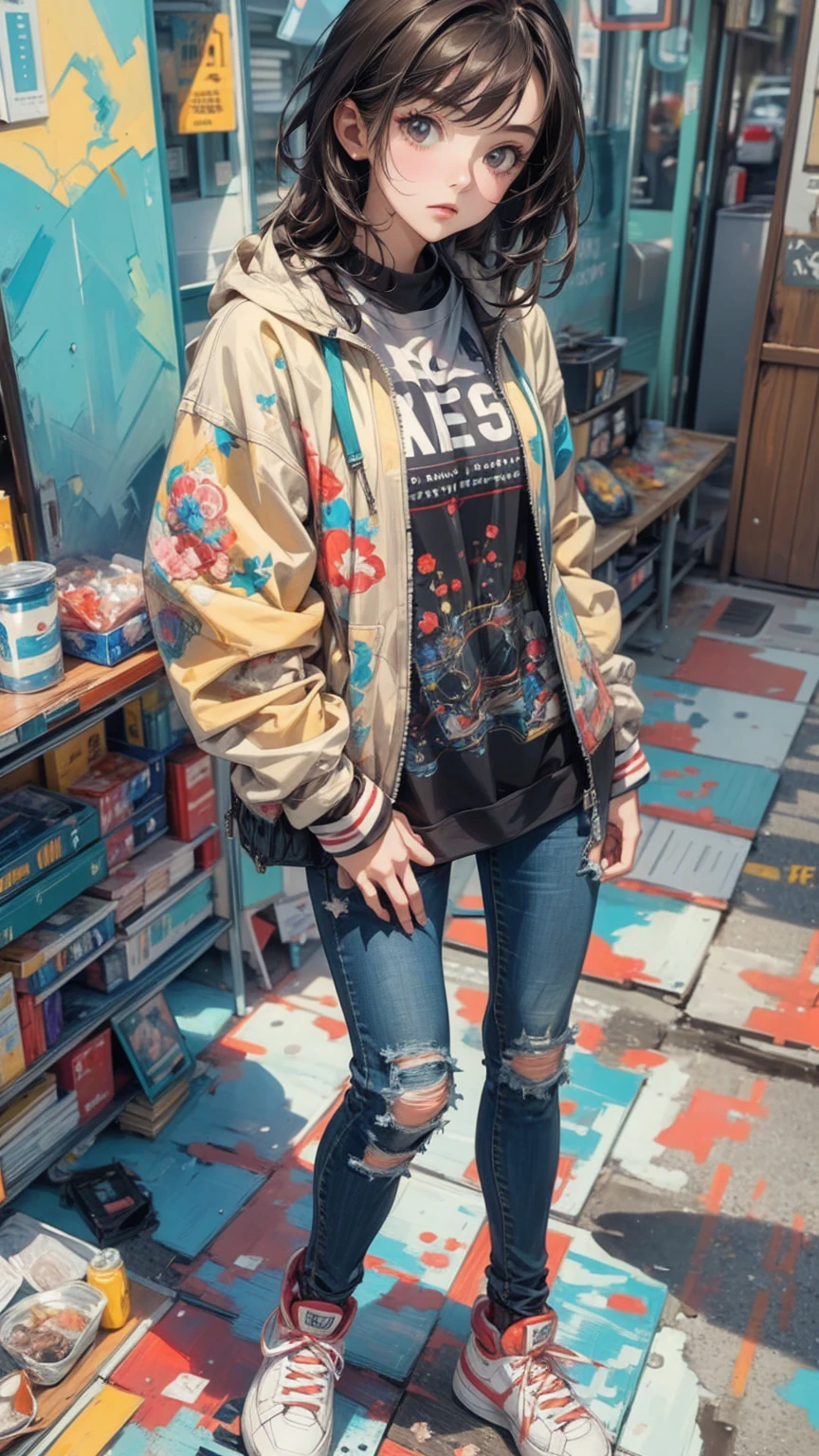 ((Highly detailed CG unit 8K wallpaper, masterpiece, High resolution, highest quality)), 20 year old woman with dark hair, hand in pocket pose:1.5, Grunge Fashion:1.2, wear a blouson:1.2, Skinny jeans, Wearing sneakers,colorful geometric pattern wall, (High angle, Fisheye Shot), Anime Style, Simple lines, Digital Painting,